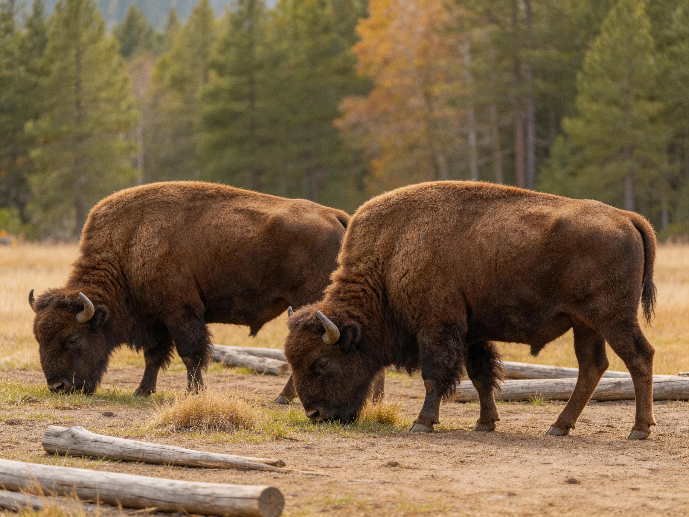 Two brown bison graze near fallen logs in a forest clearing