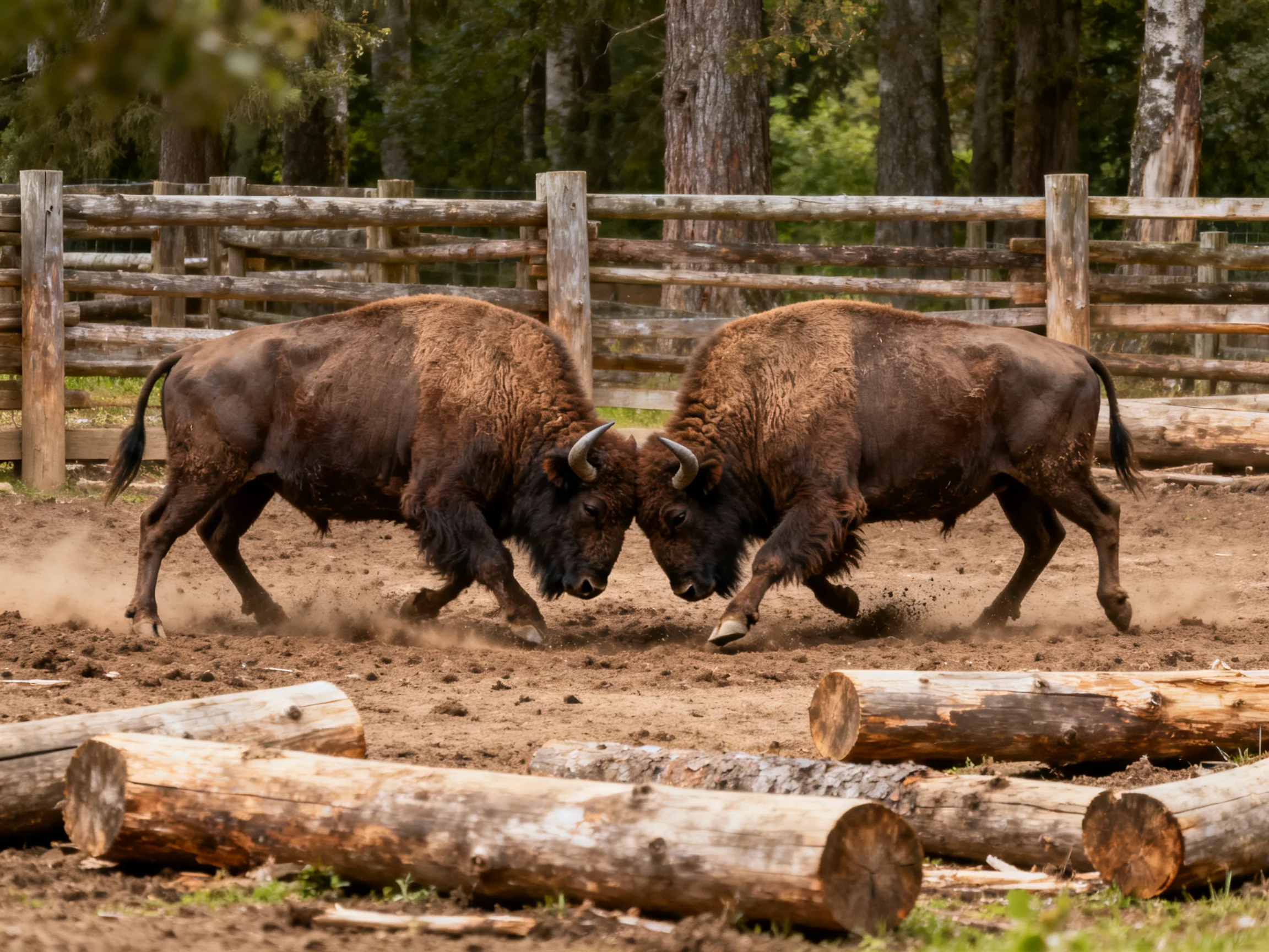 Two brown bison lock heads in a fenced enclosure with logs