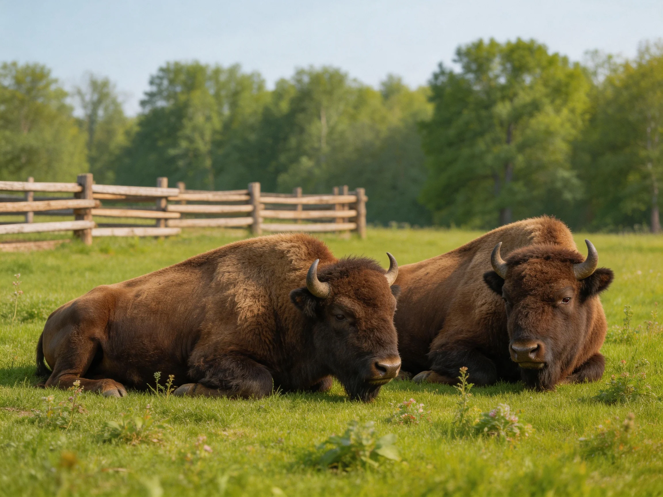 Two brown bison rest in a lush green meadow near a wooden fence