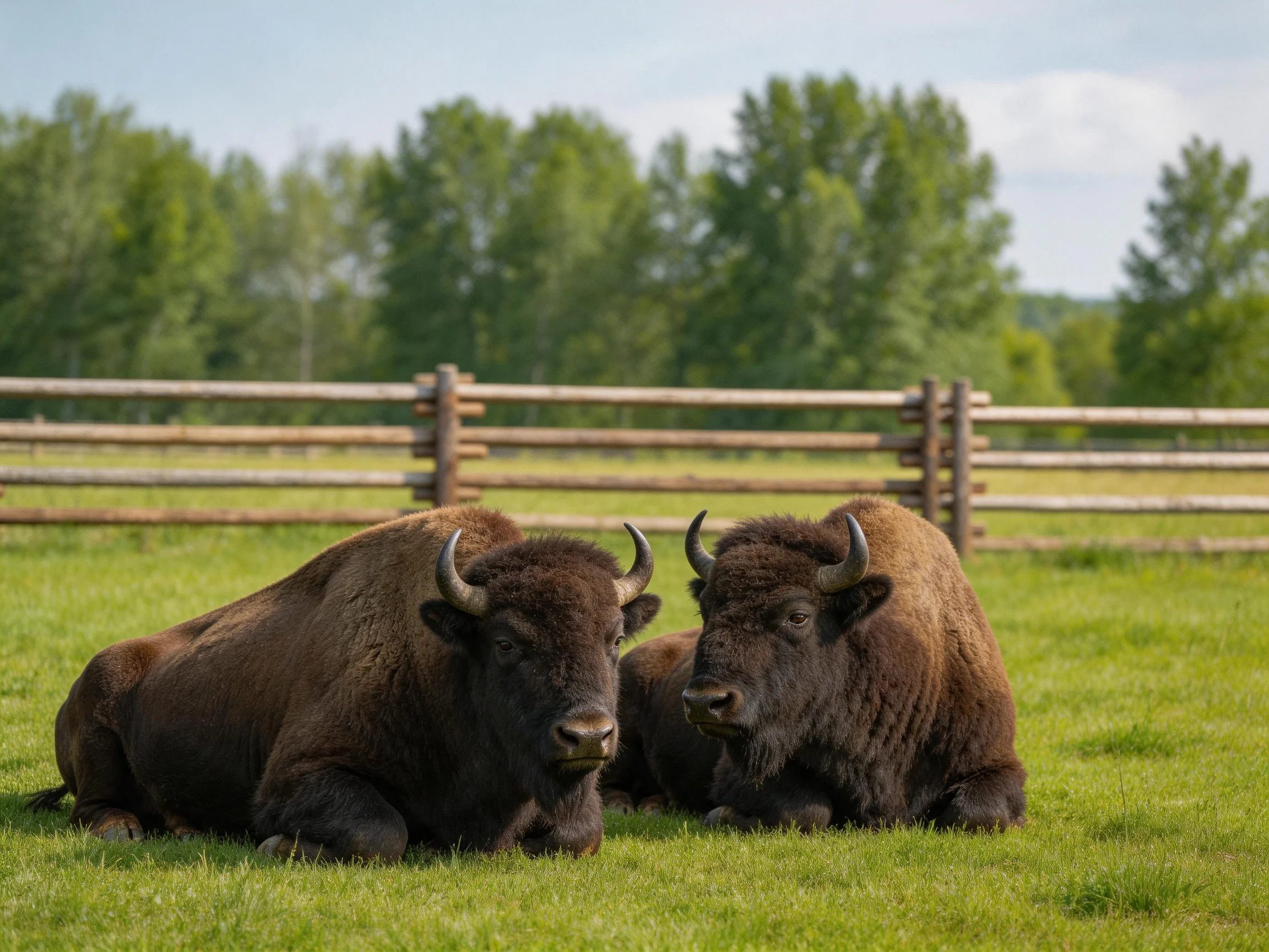 Two brown bison rest on lush green grass near a wooden fence