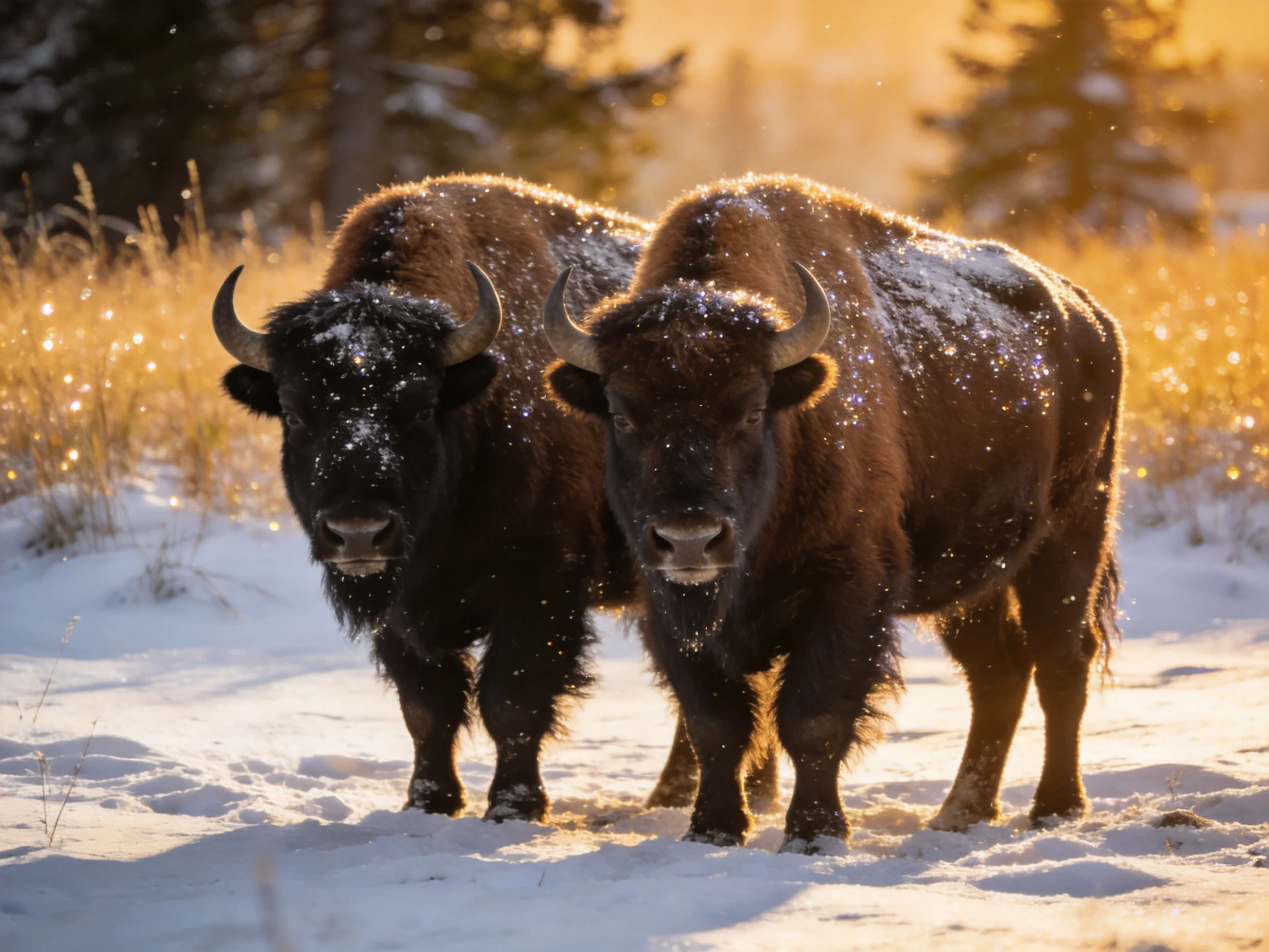 Two brown bison stand in a snow-dusted field under golden light
