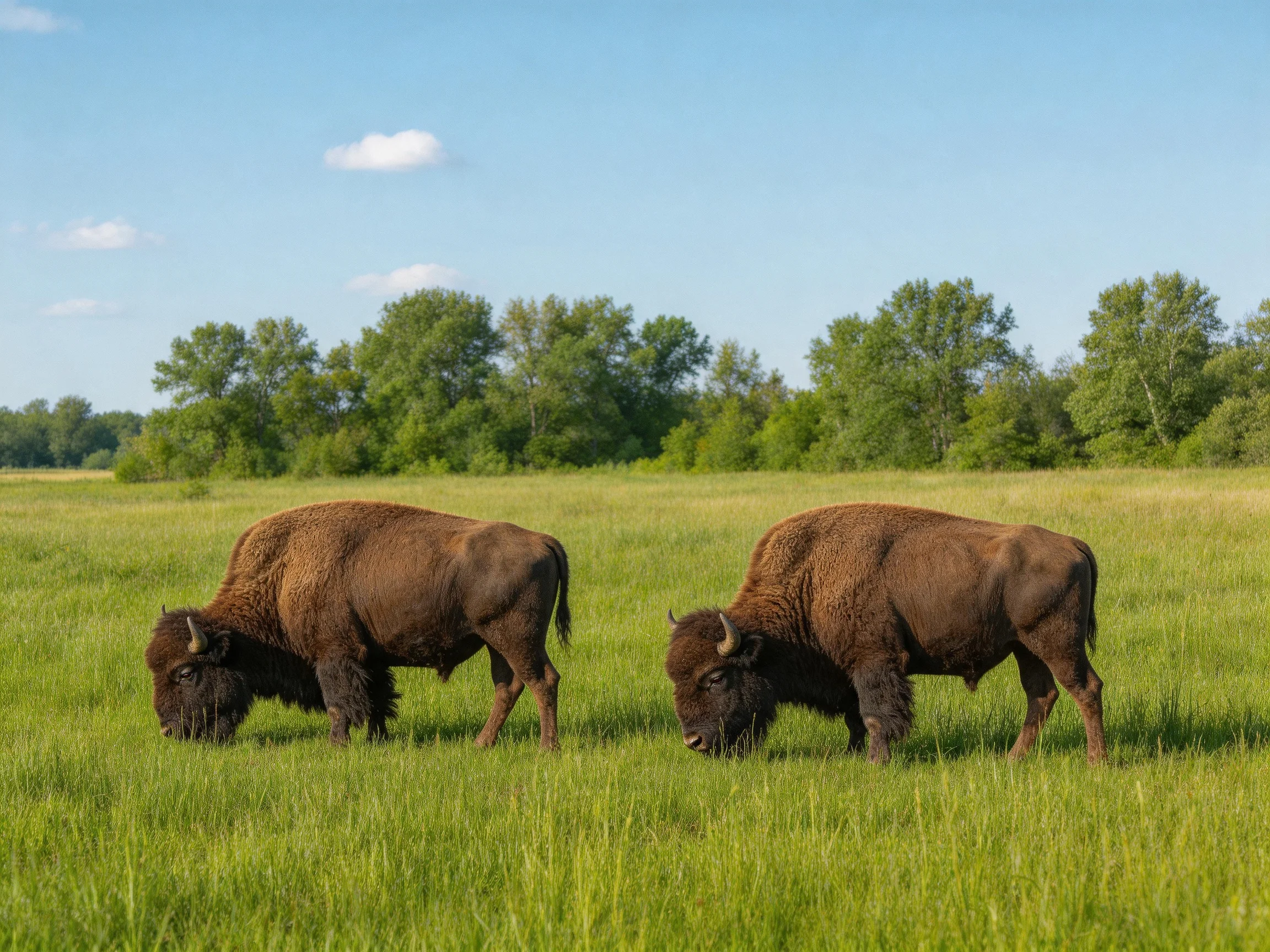 Two brown bisons graze in a sunlit open field.
