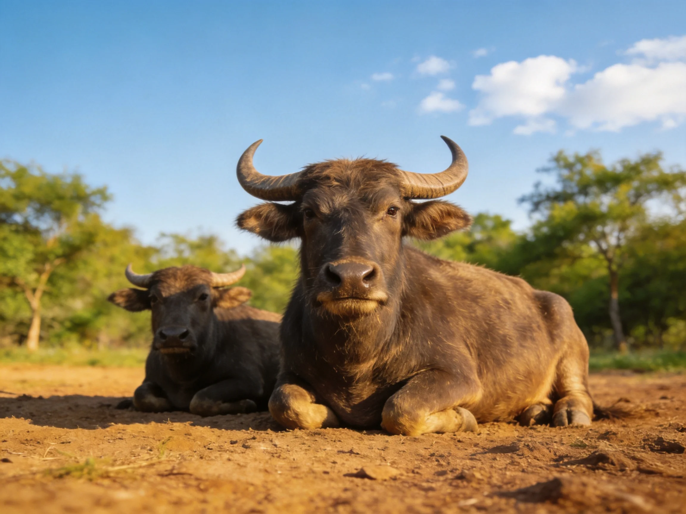 Two brown buffalo rest on a dusty path surrounded by green trees
