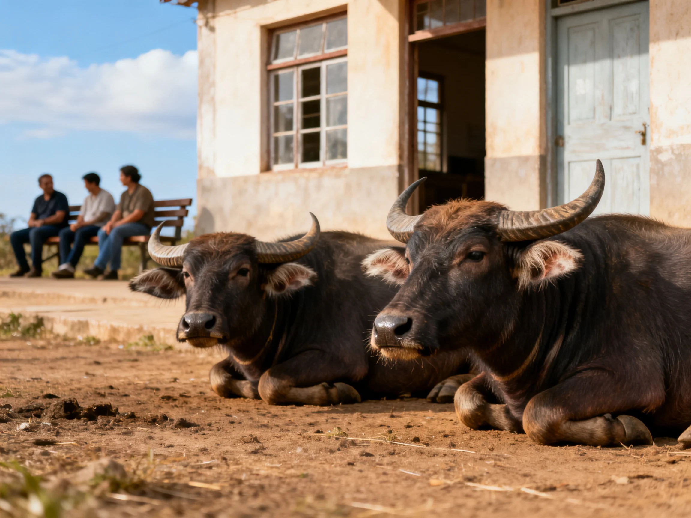 Two brown buffaloes rest near an old house with three seated individuals