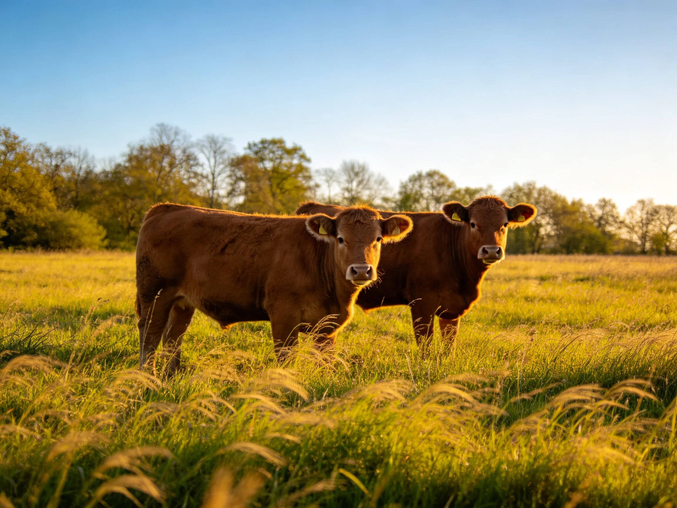 Two brown calves in a sunlit golden meadow with trees