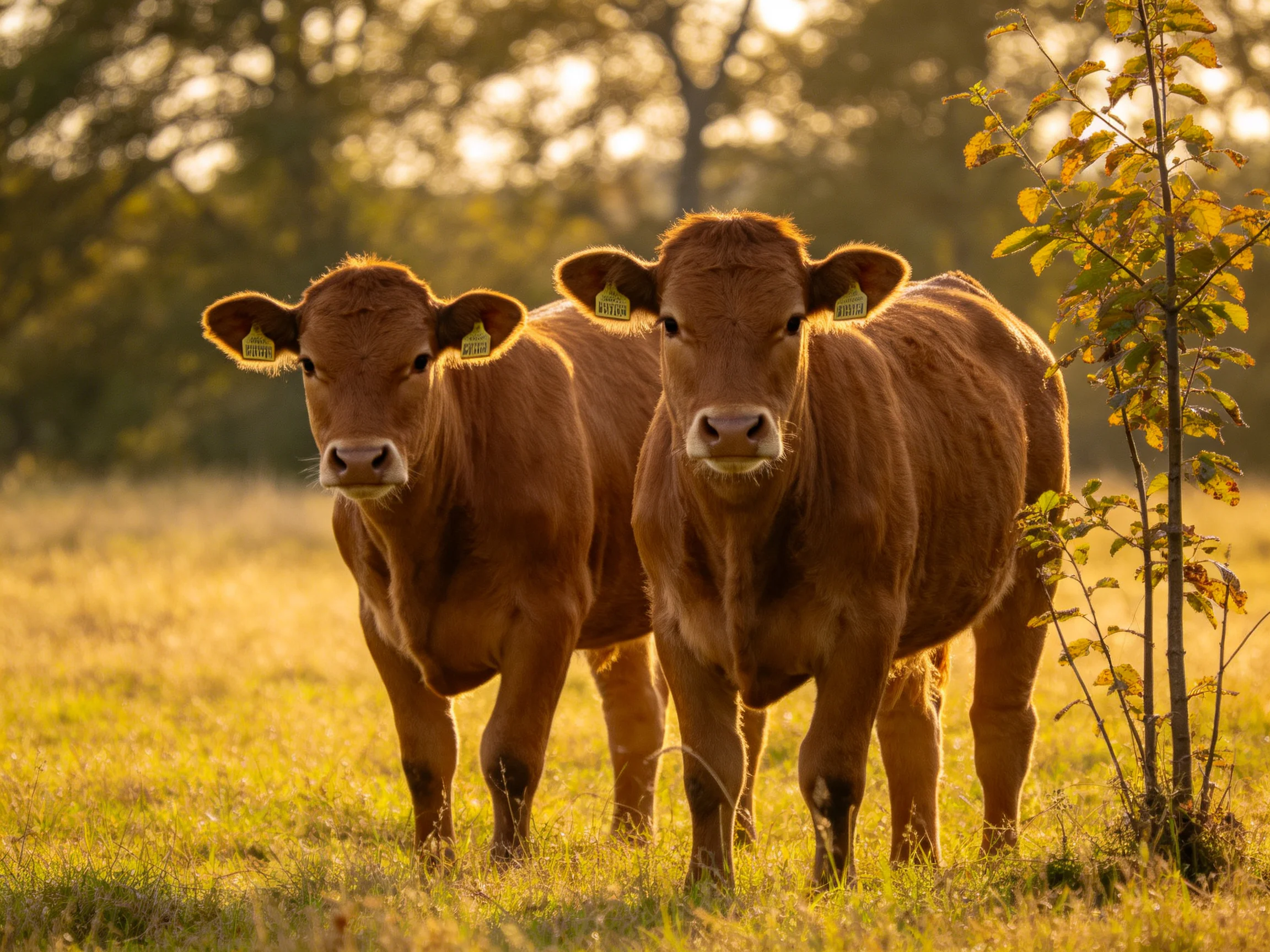 Two brown calves in a sunlit grassy field with trees