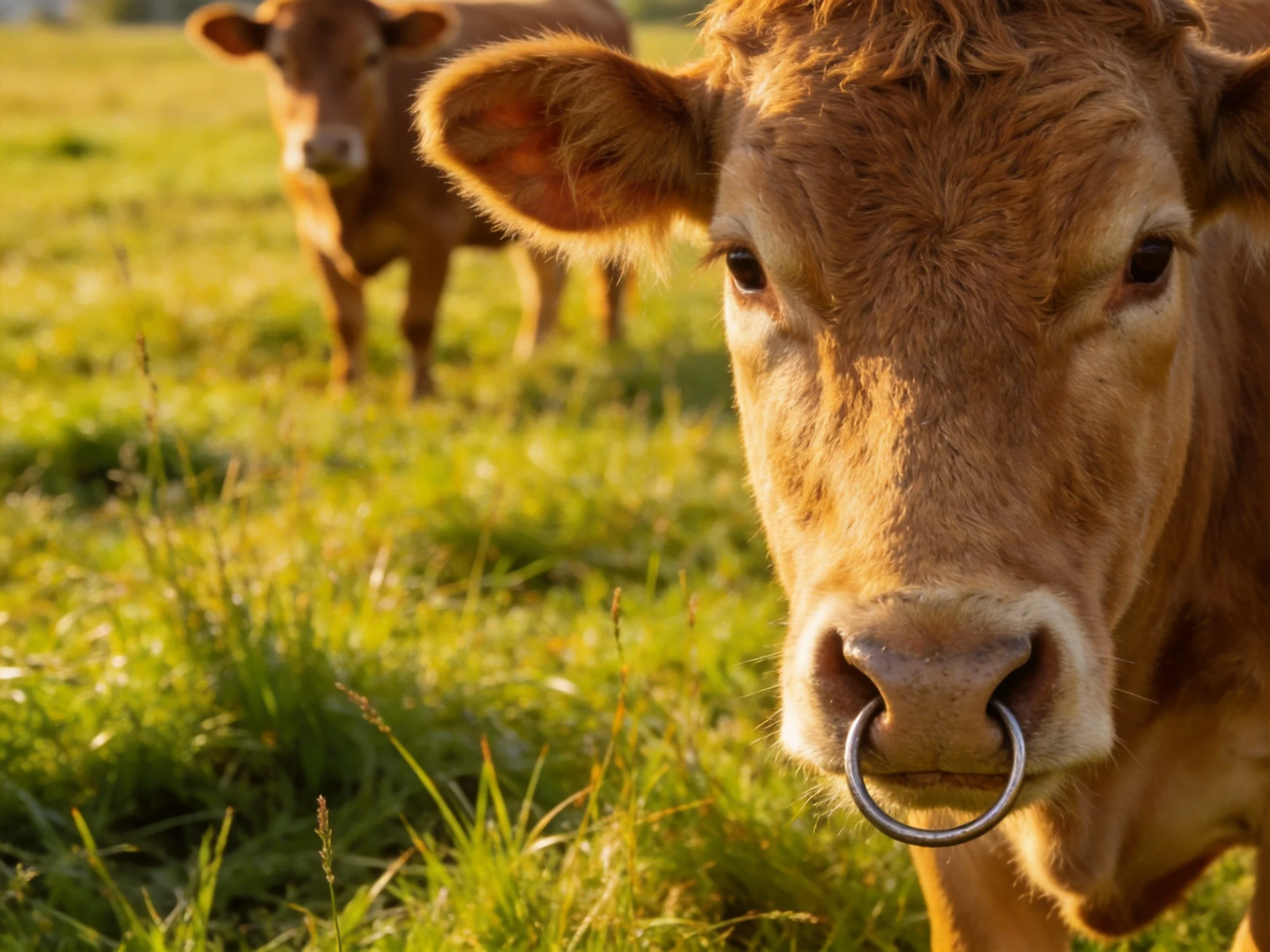Two brown calves in a sunlit green pasture with one wearing a nose ring