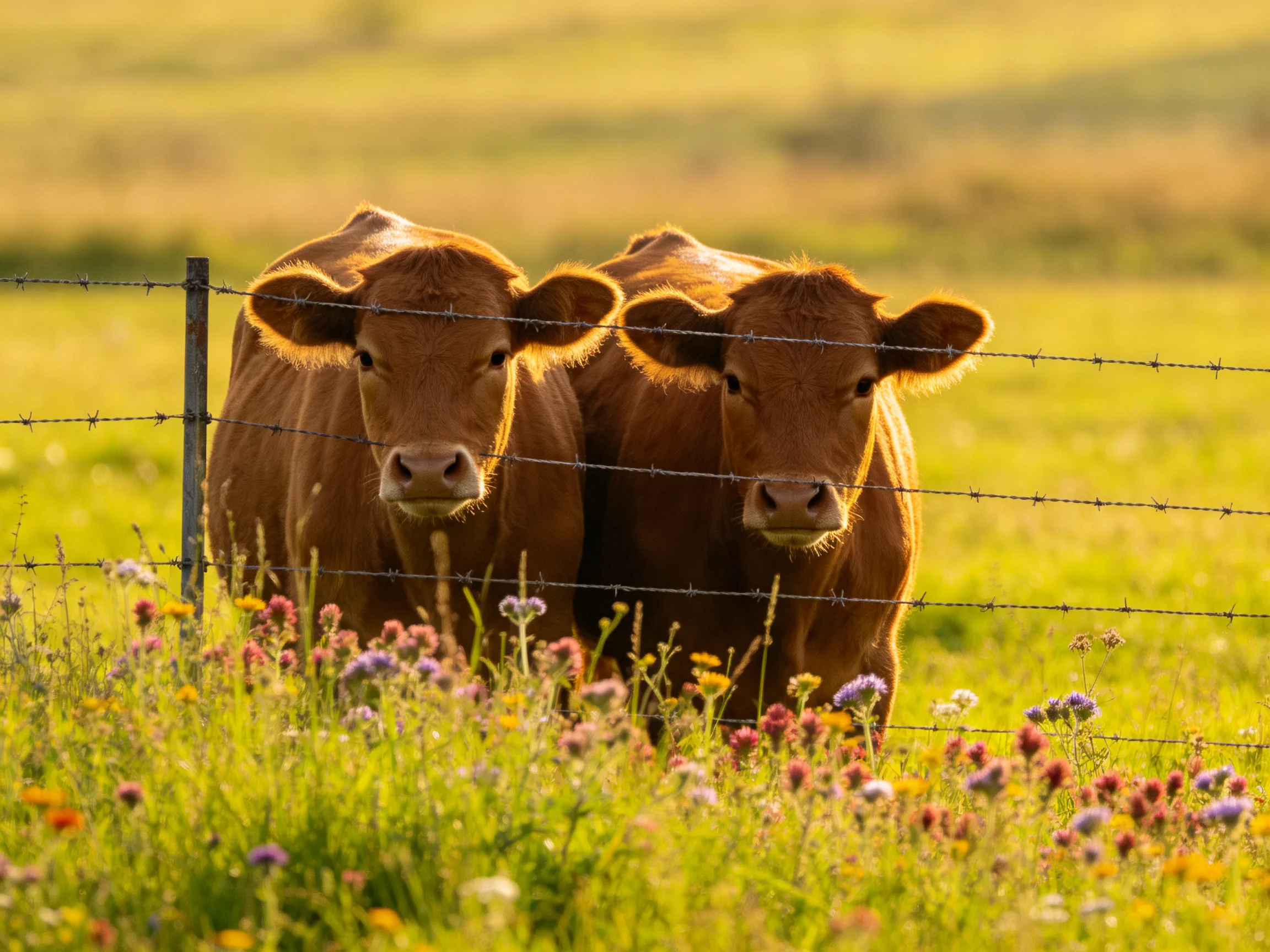 Two brown calves near a barbed wire fence in a flowered meadow