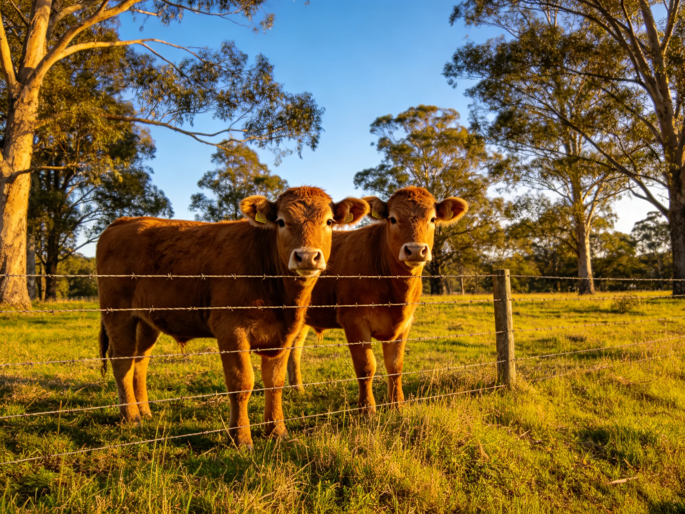 Two brown calves near a barbed-wire fence in a sunlit pasture