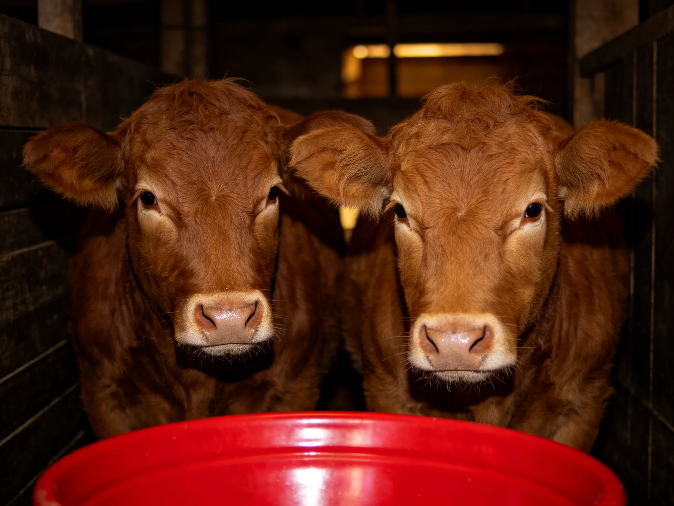 Two brown calves near a bright red container in a dim stable