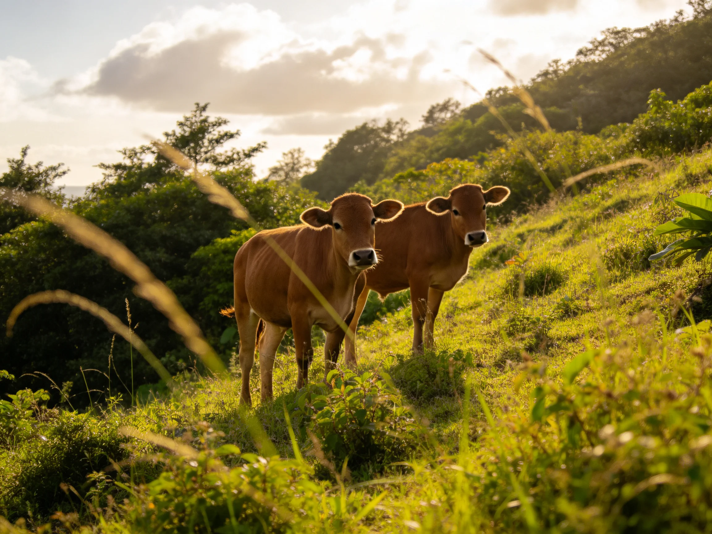 Two brown calves on a verdant hillside under golden sunlight