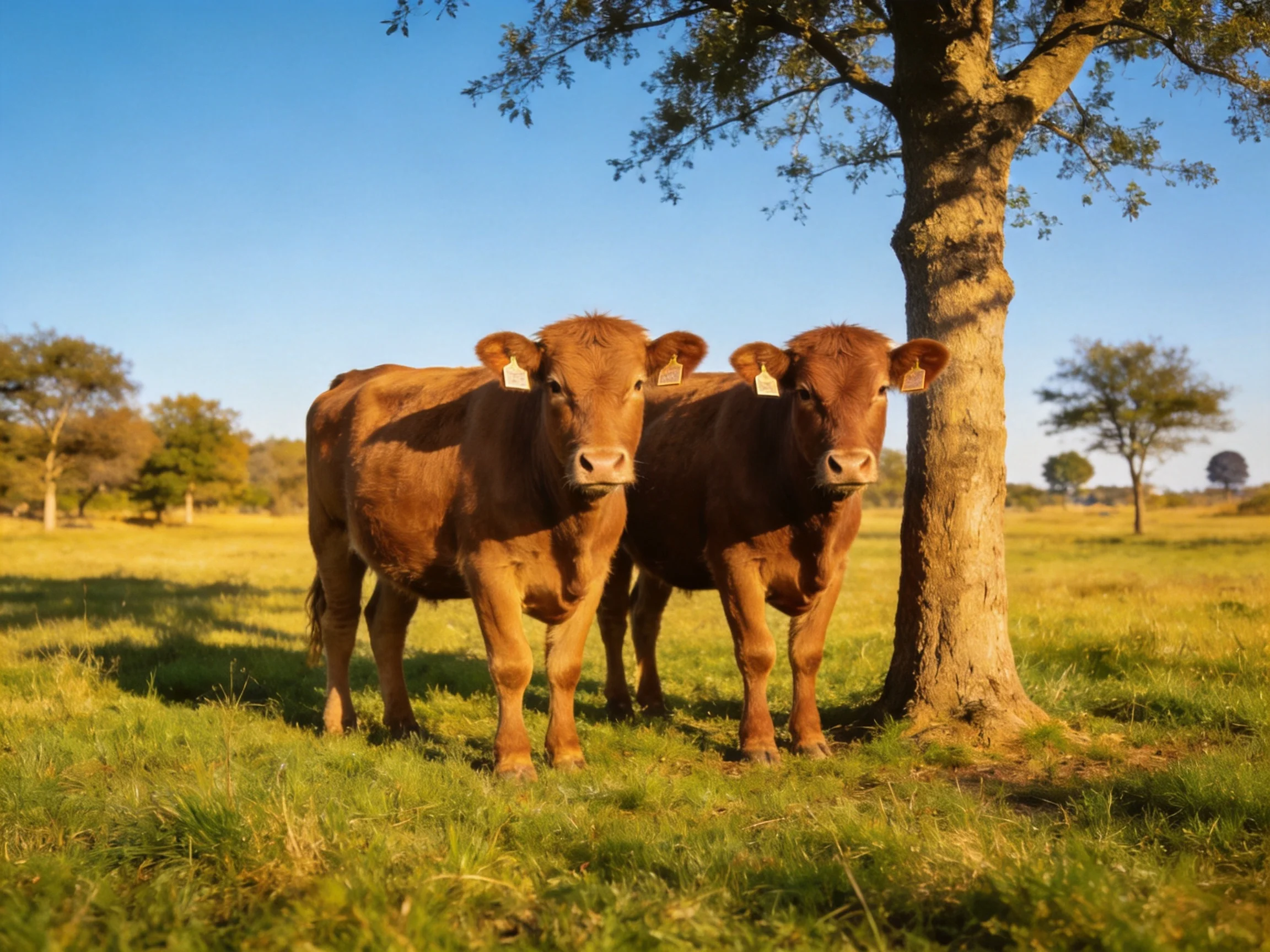 Two brown calves stand beside a large tree in a sunlit pasture