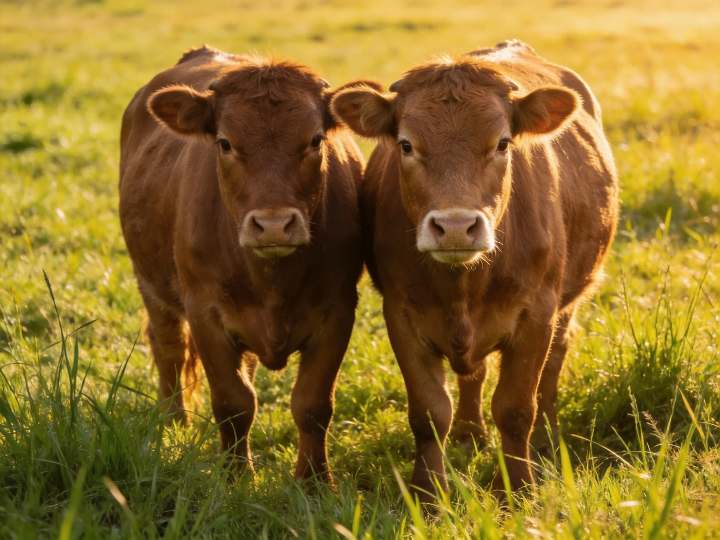 Two brown calves stand close together in a sunlit grassy field