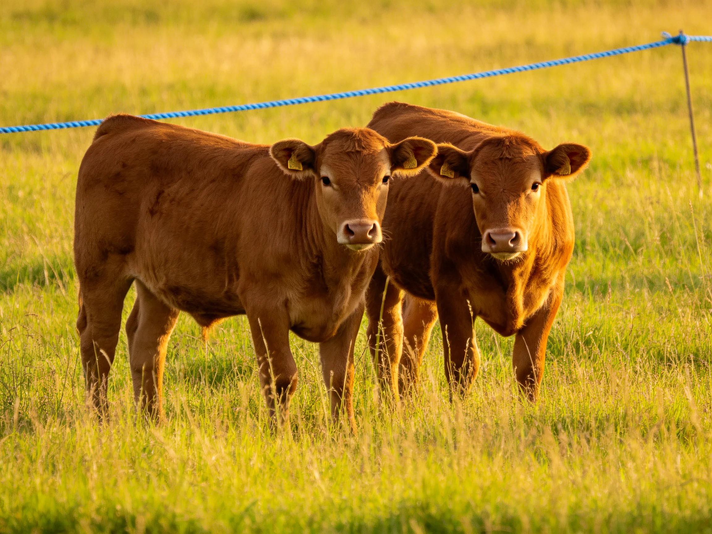 Two brown calves stand in a sunlit green pasture near a blue rope fence
