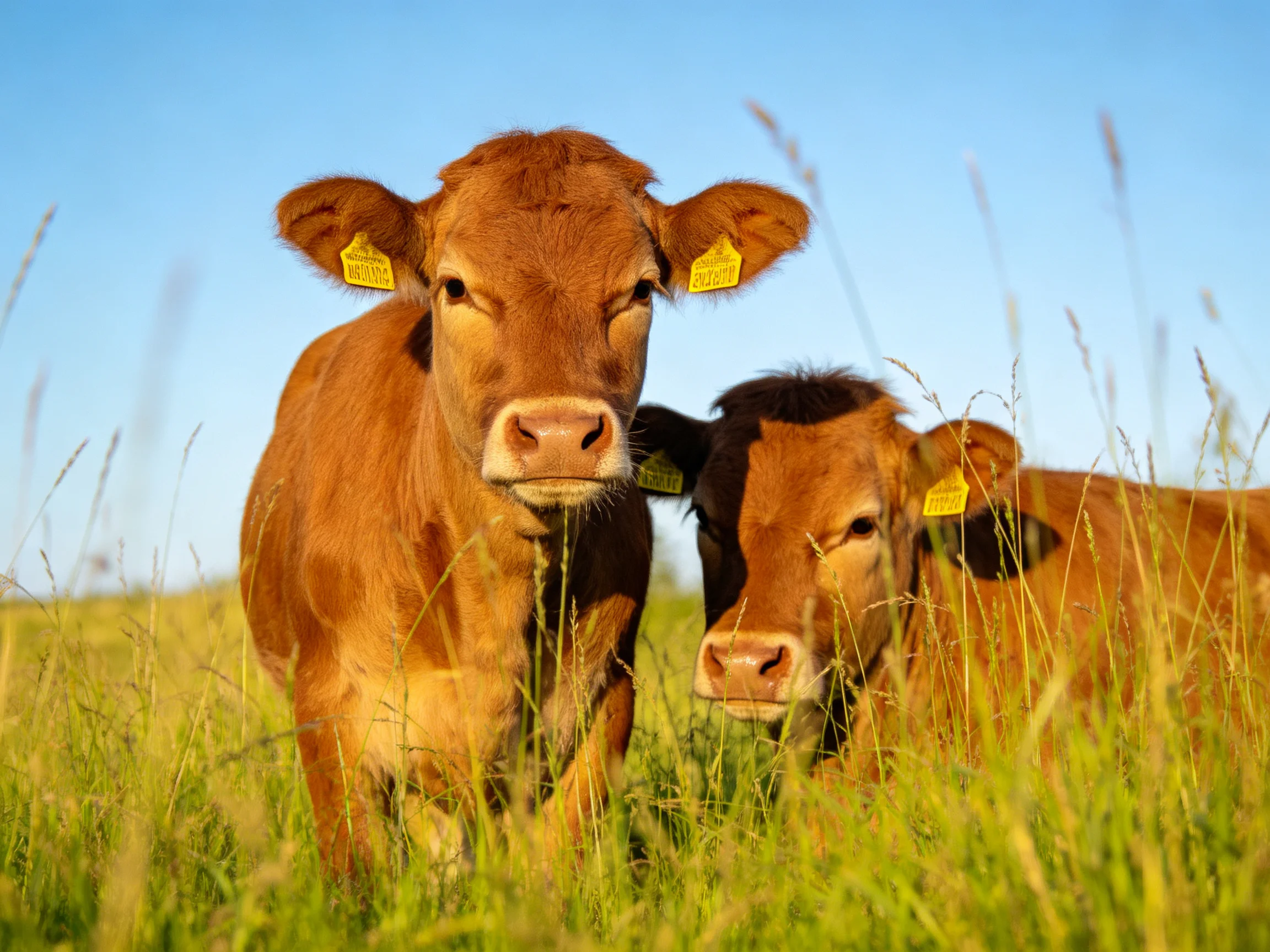 Two brown calves stand in tall green grass under clear blue sky