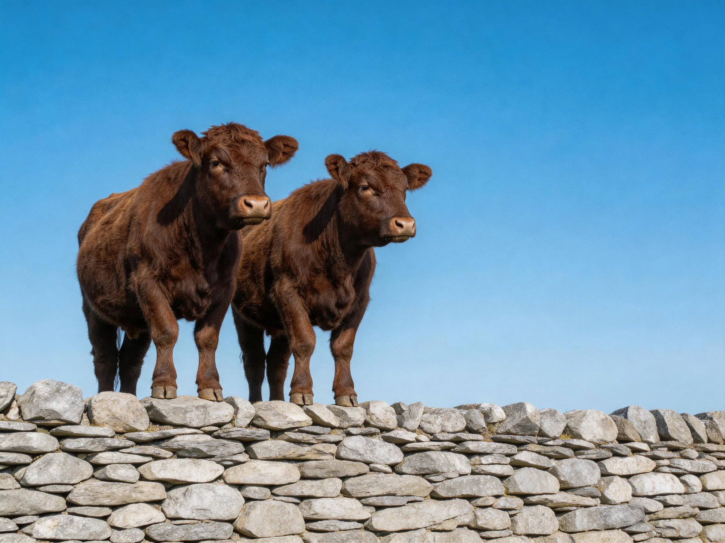 Two brown calves stand on a gray stone wall under clear blue sky