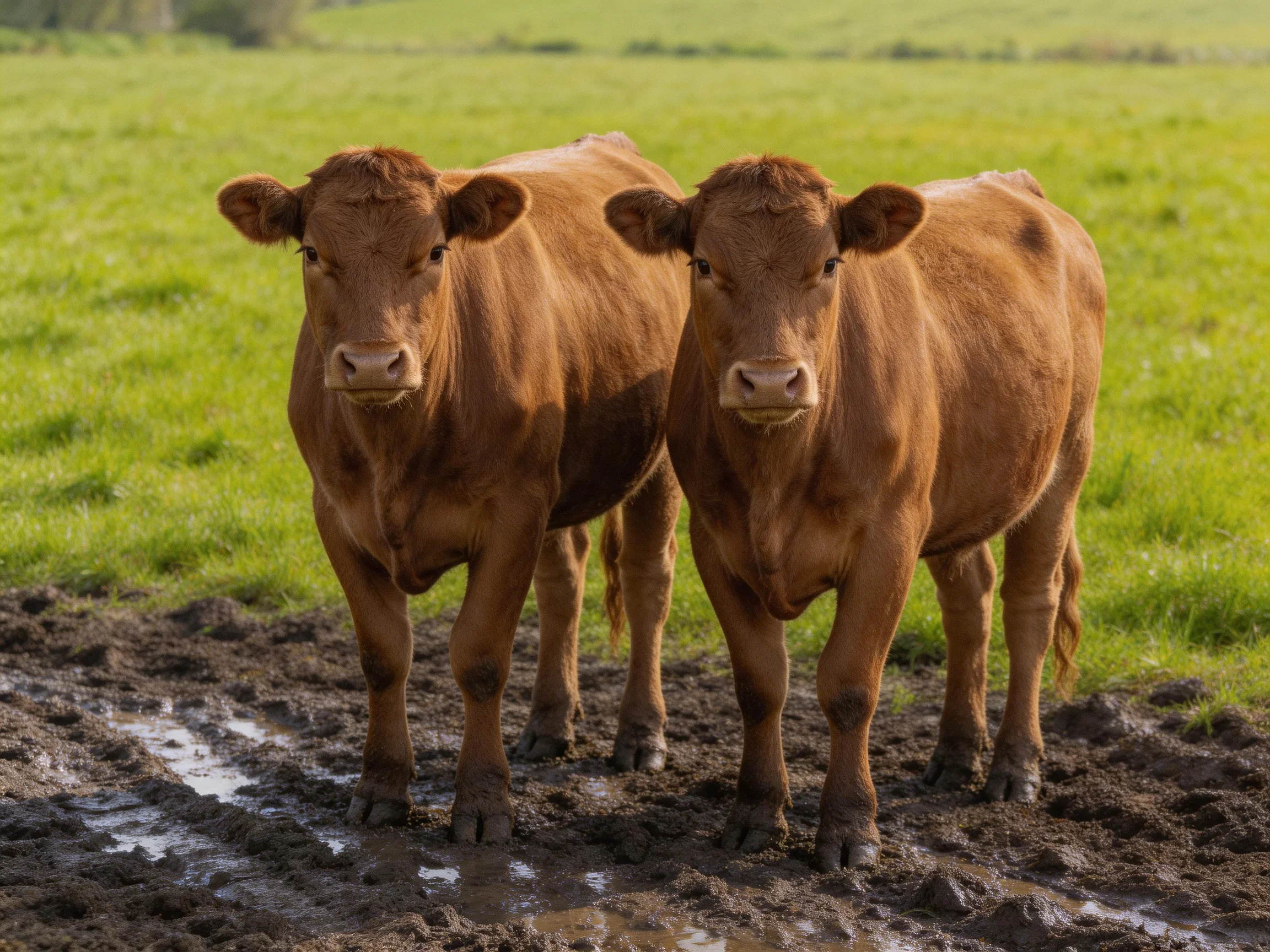 Two brown calves stand on a muddy path near a green pasture