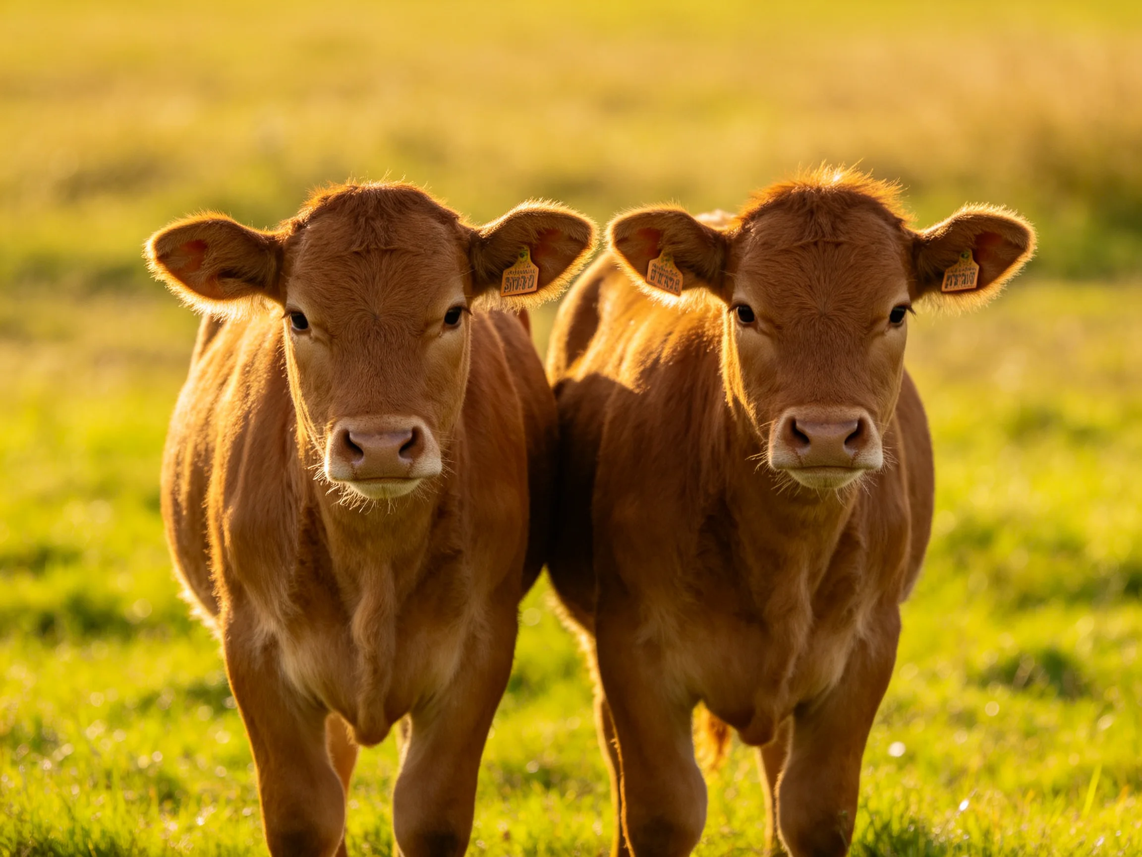 Two brown calves stand side by side in a sunlit meadow