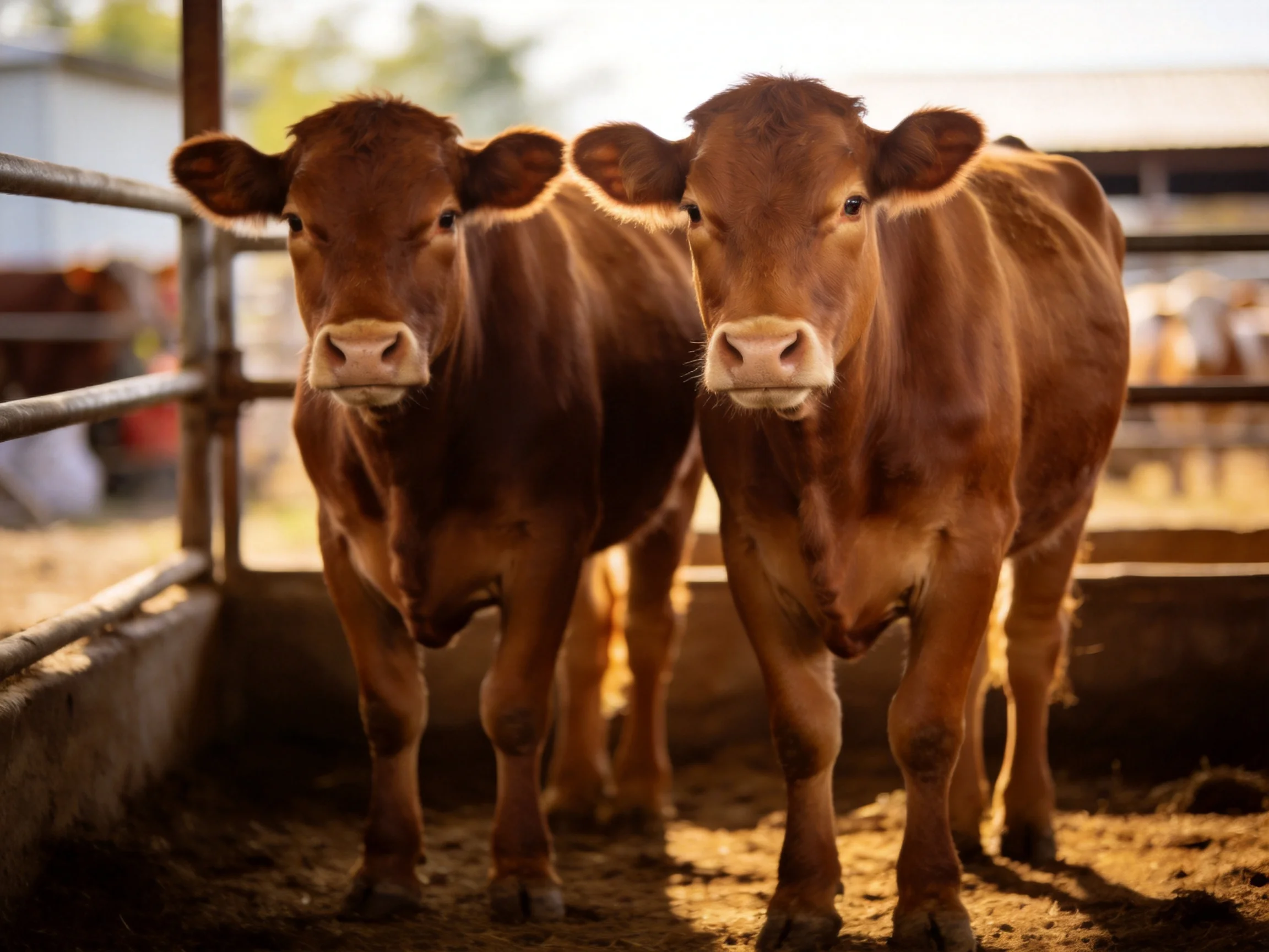 Two brown calves stand together in a sunlit farm enclosure