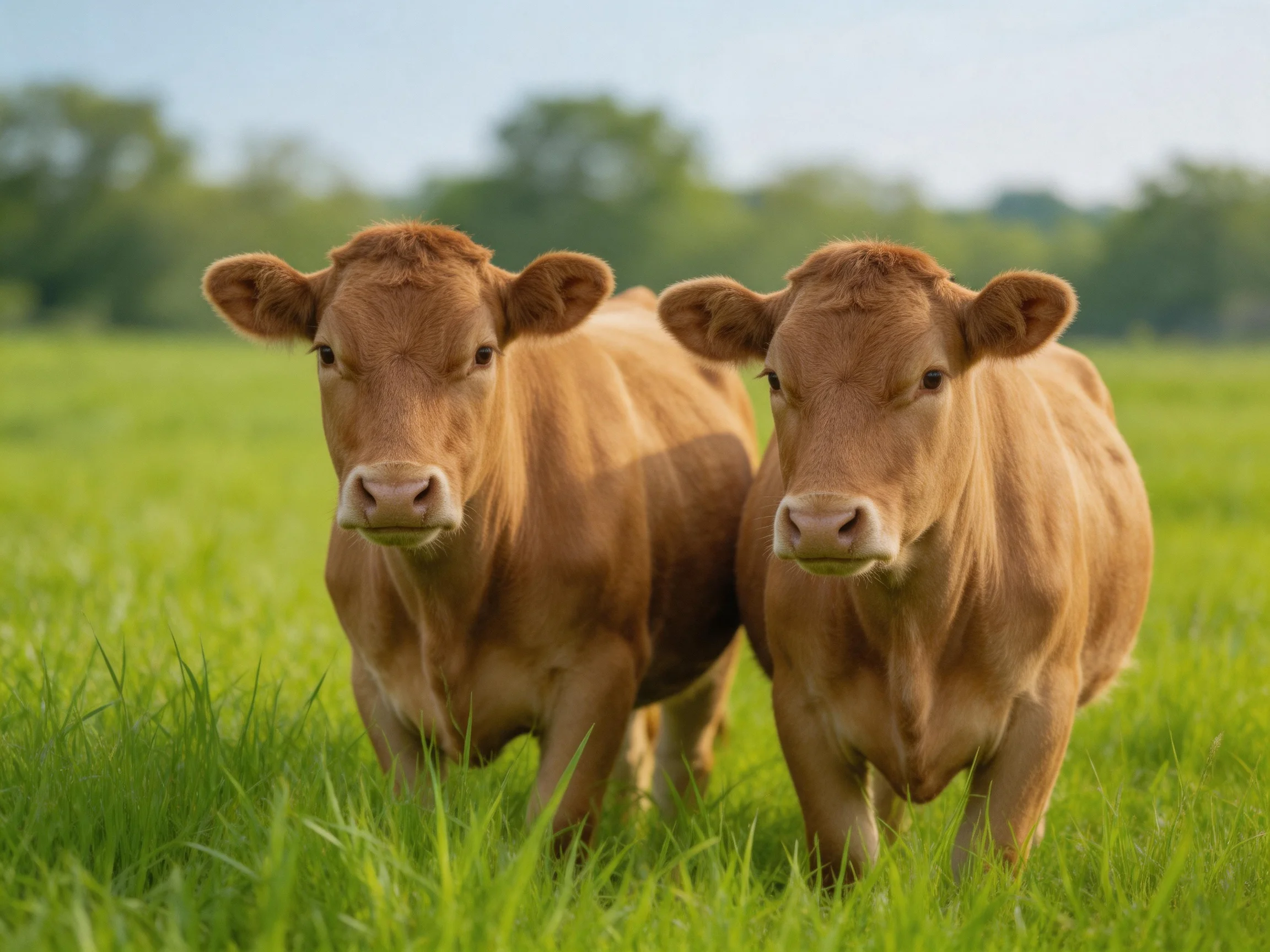 Two brown calves standing close together in a lush green pasture