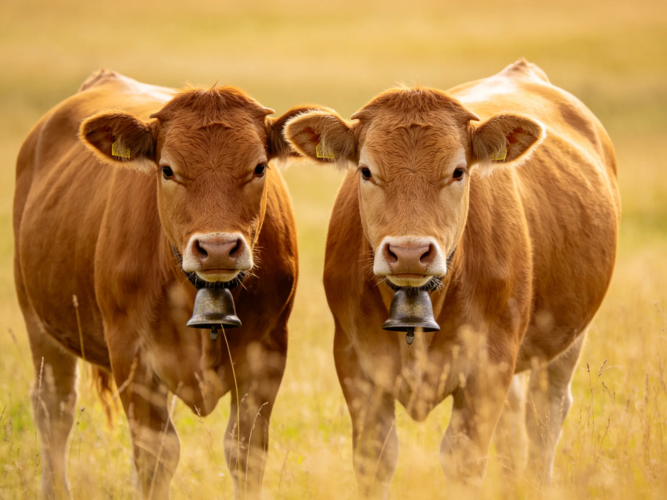 Two brown calves with bells in a golden meadow