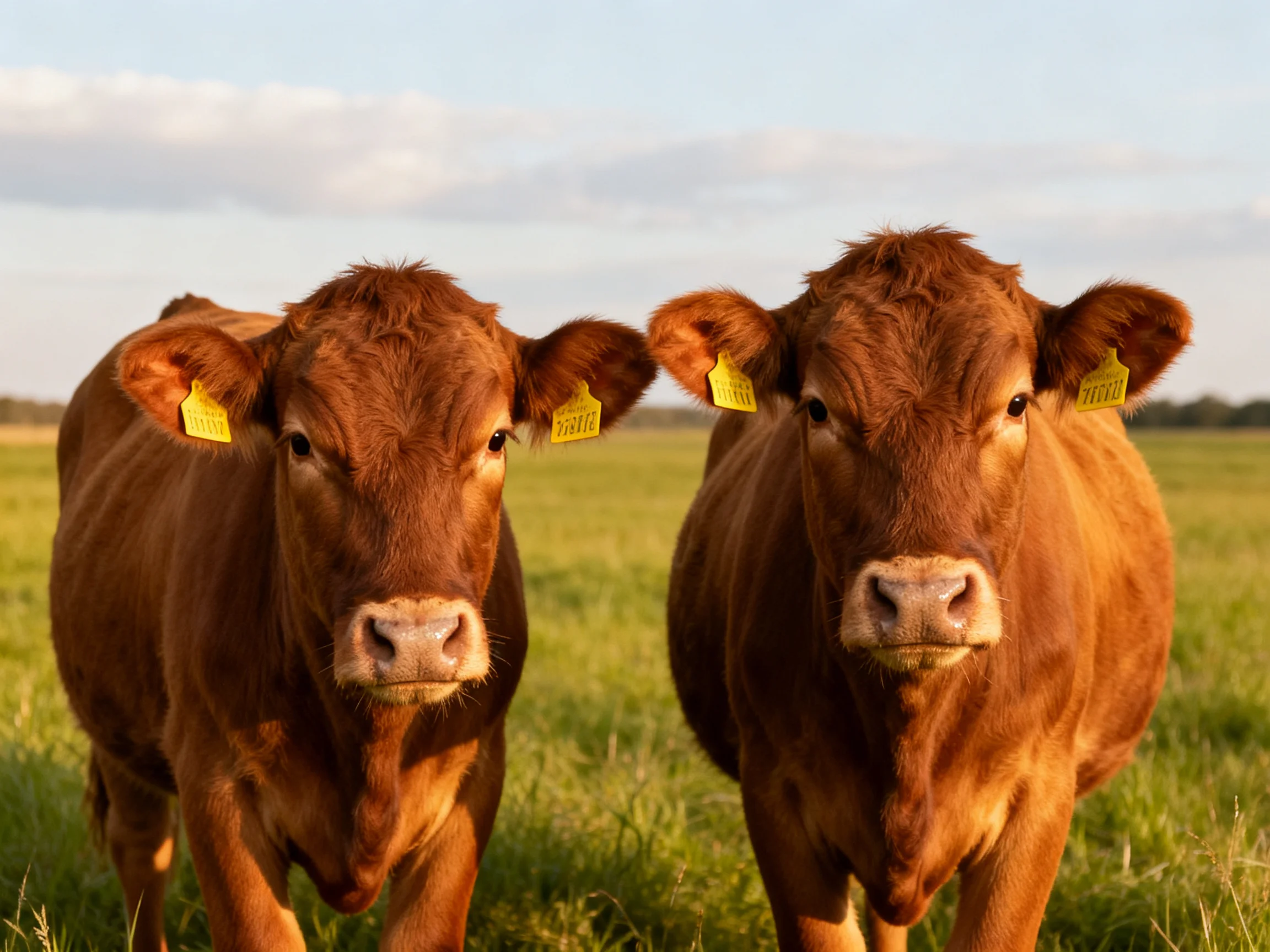 Two brown calves with yellow ear tags in a grassy field