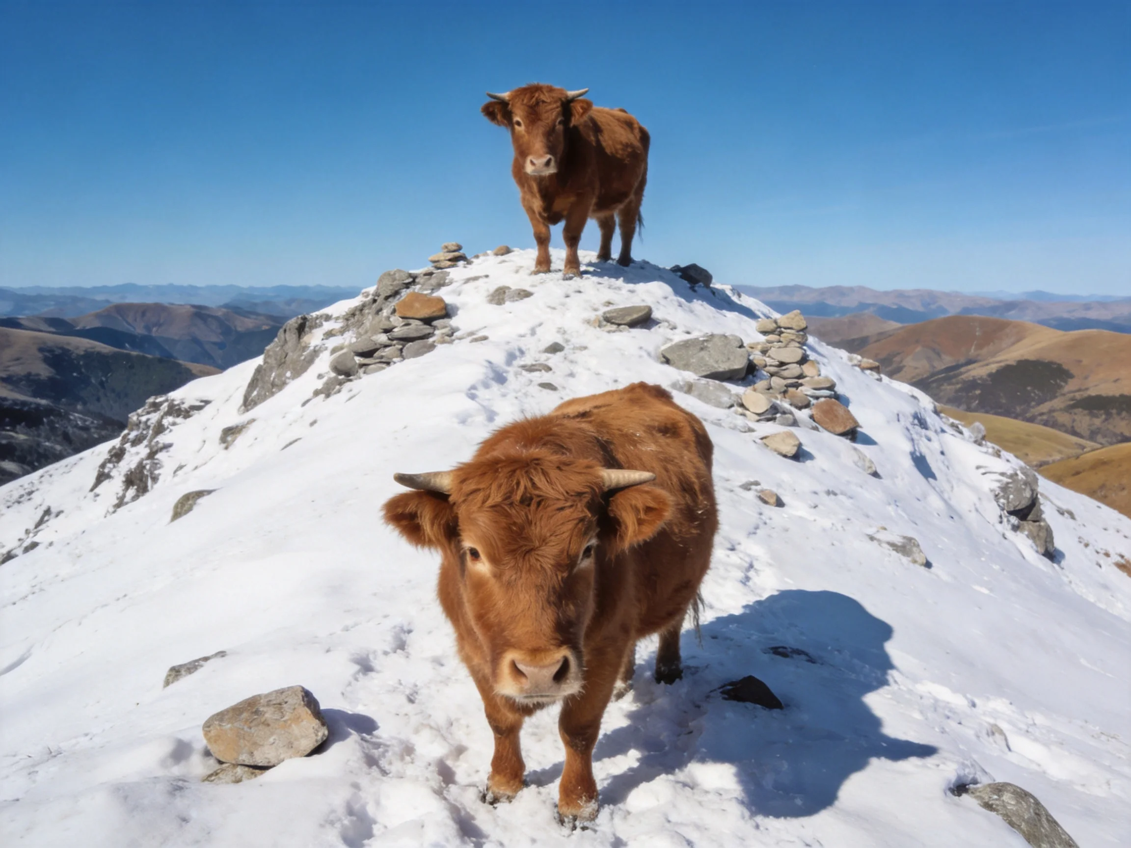 Two brown cattle atop a snow-dusted mountain summit with stone formations