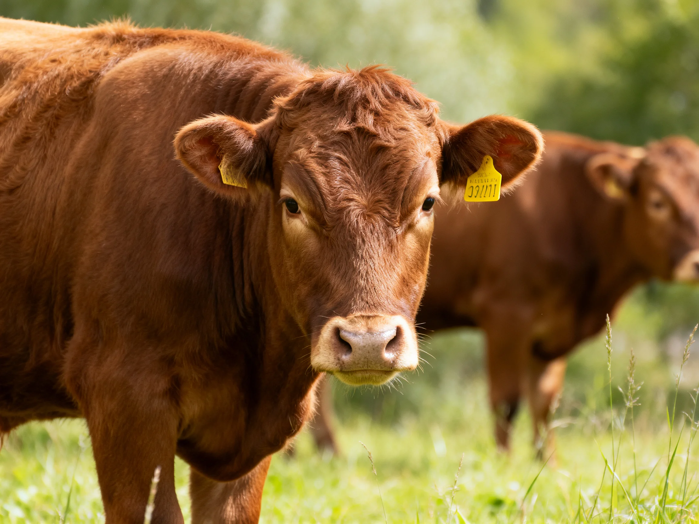 Two brown cattle graze in a sunlit green pasture