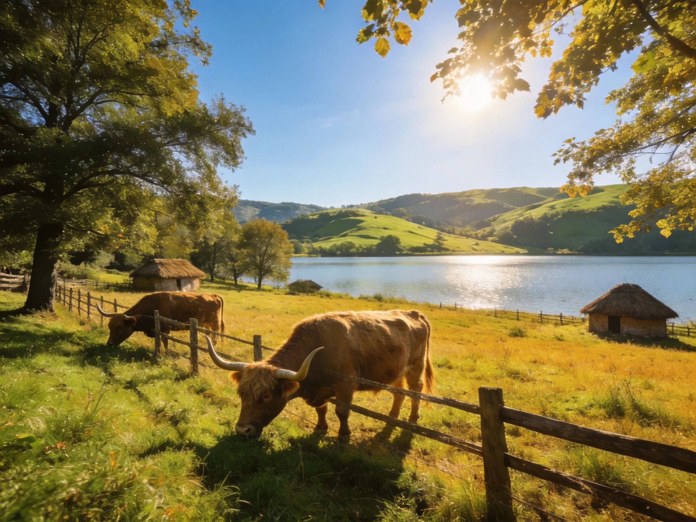 Brown cattle graze near a lake with green hills and rustic huts.
