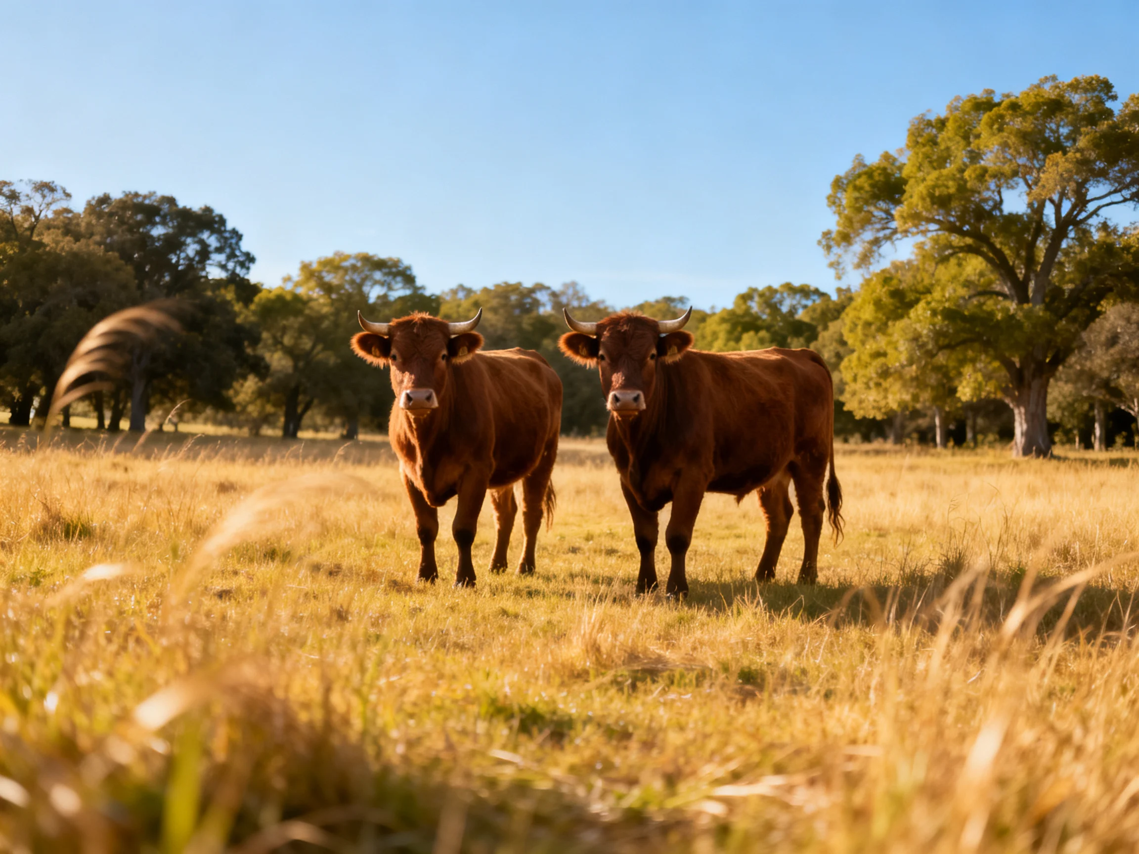 Two brown cattle in a sunlit golden field with green trees