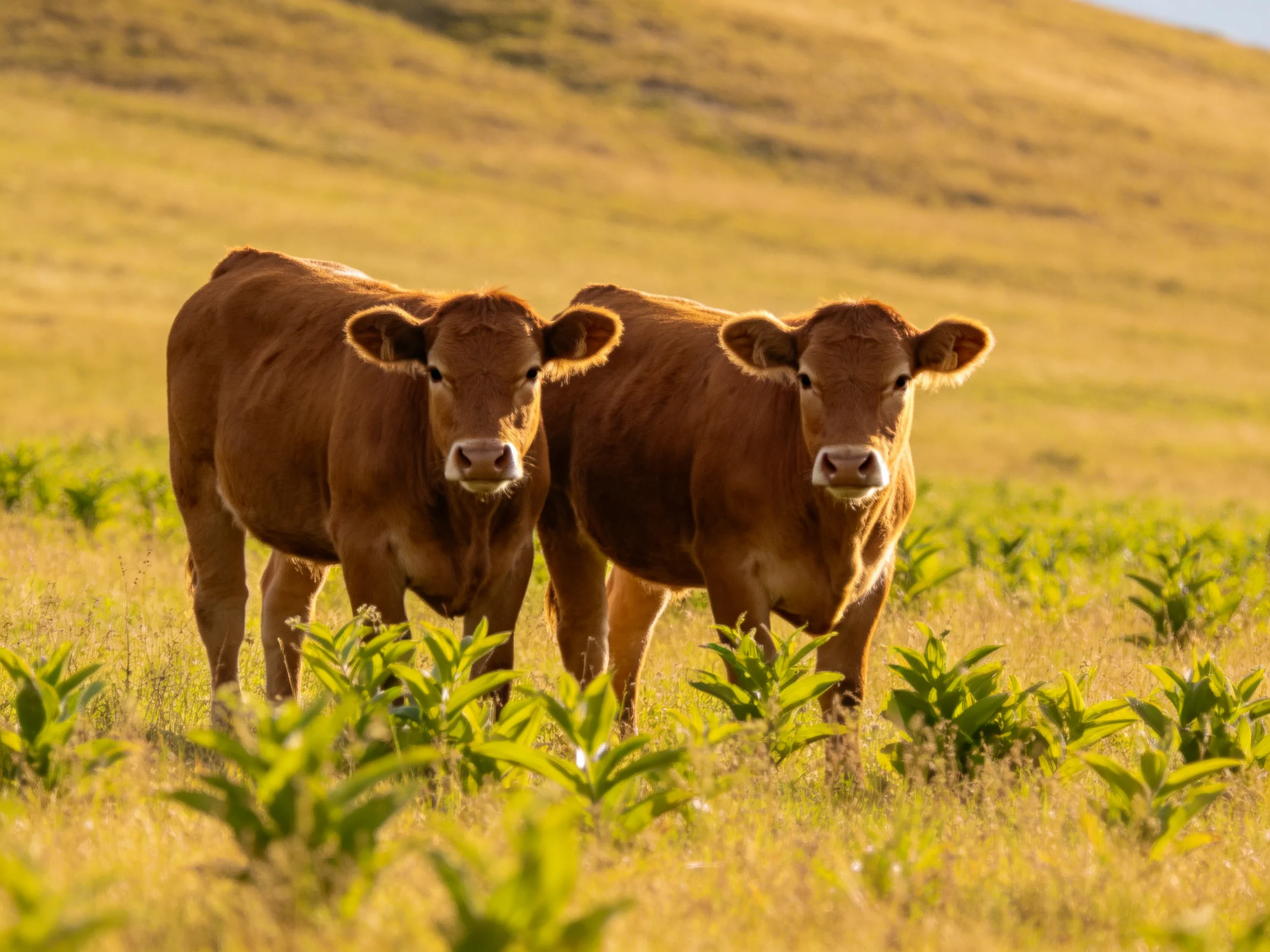 Two brown cattle in a sunlit grassy meadow with rolling hills