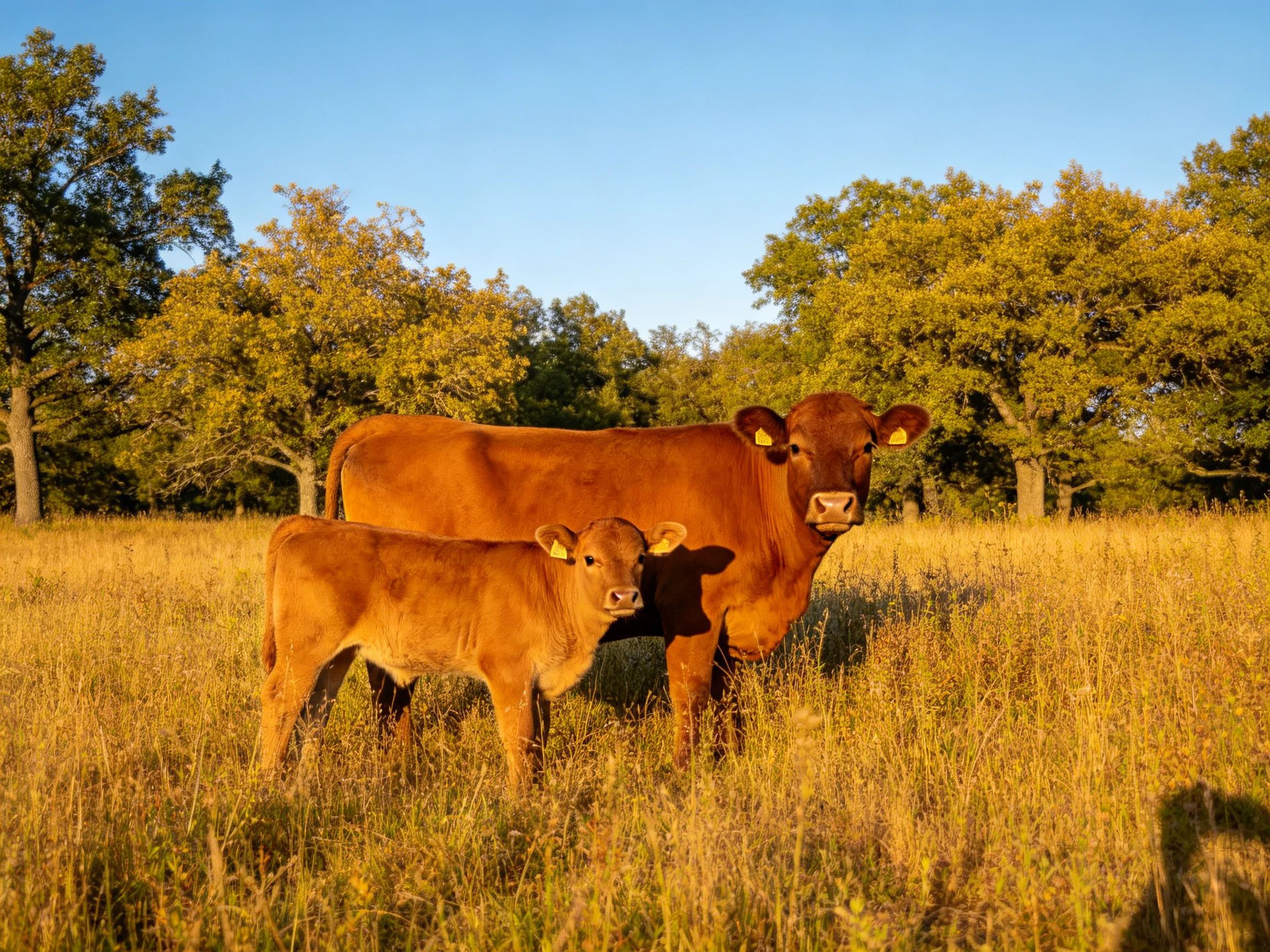 Two brown cows and a calf in a golden field with green trees