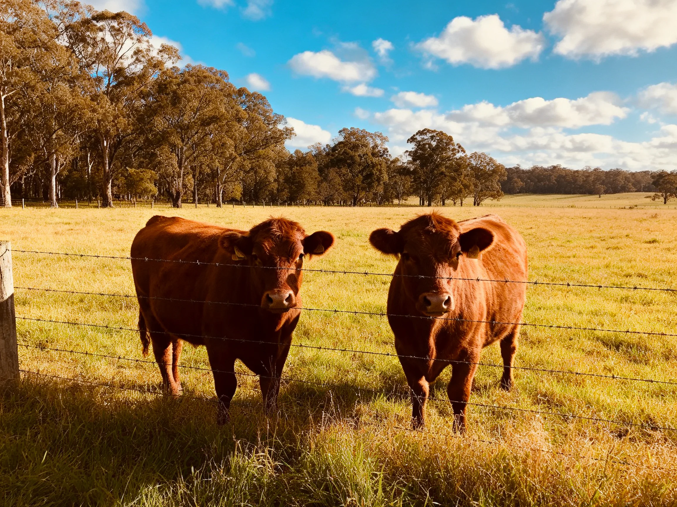 Two brown cows by a barbed wire fencein a golden field