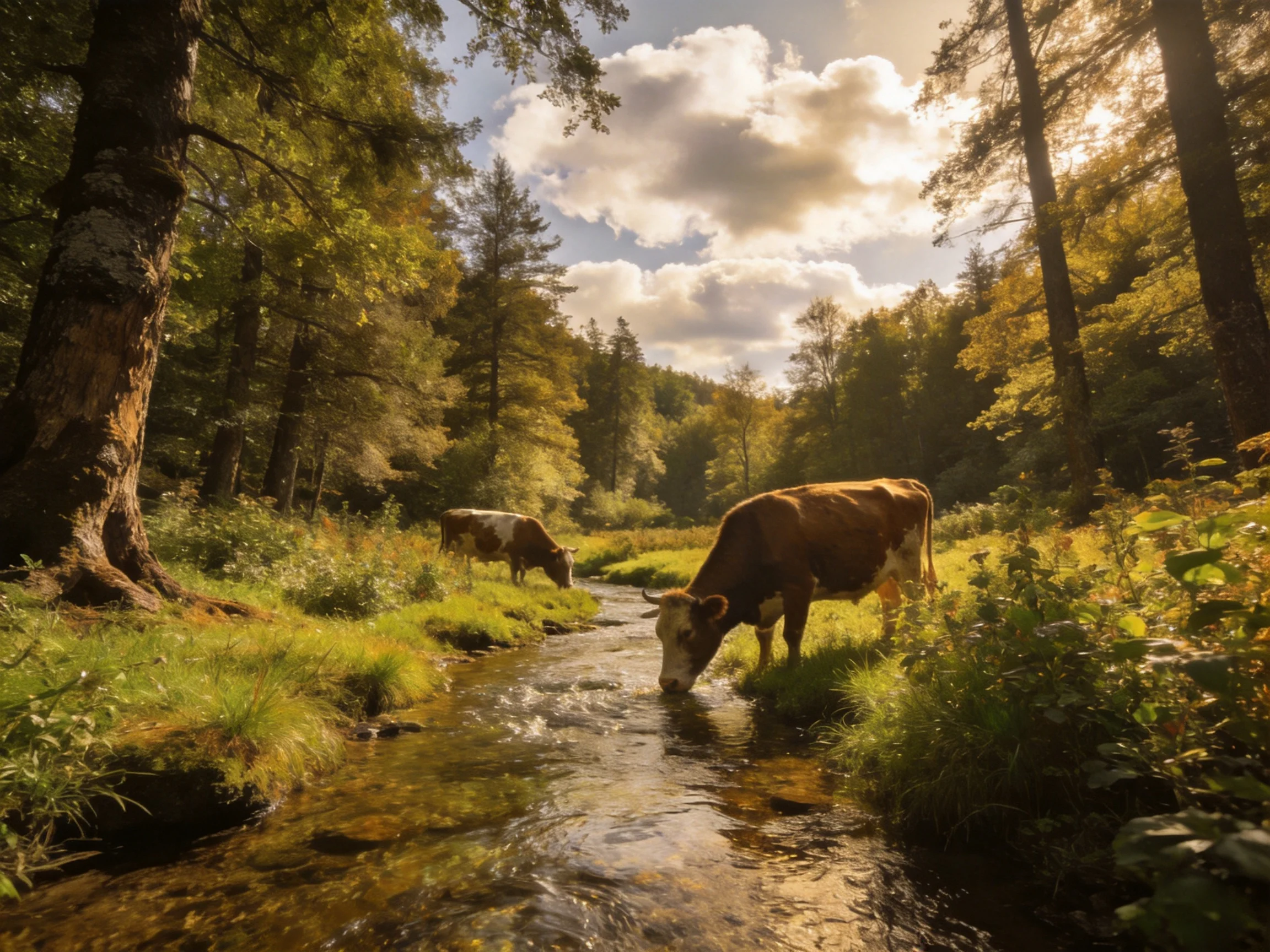 Two brown cows drink from a sunlit forest stream