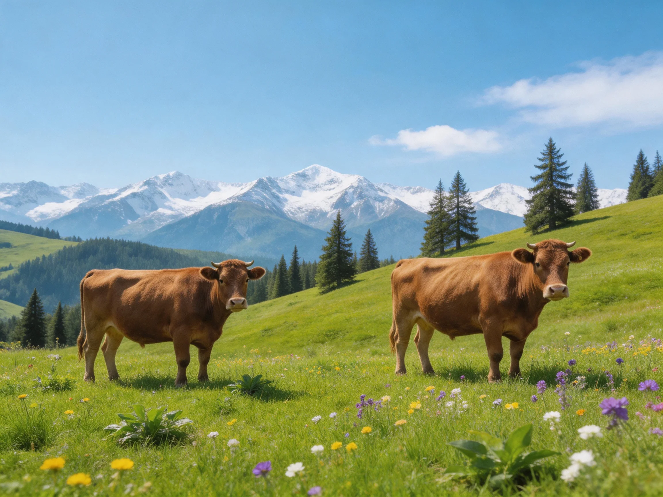Two brown cows stand in a vibrant meadow with distant snow-capped mountains.