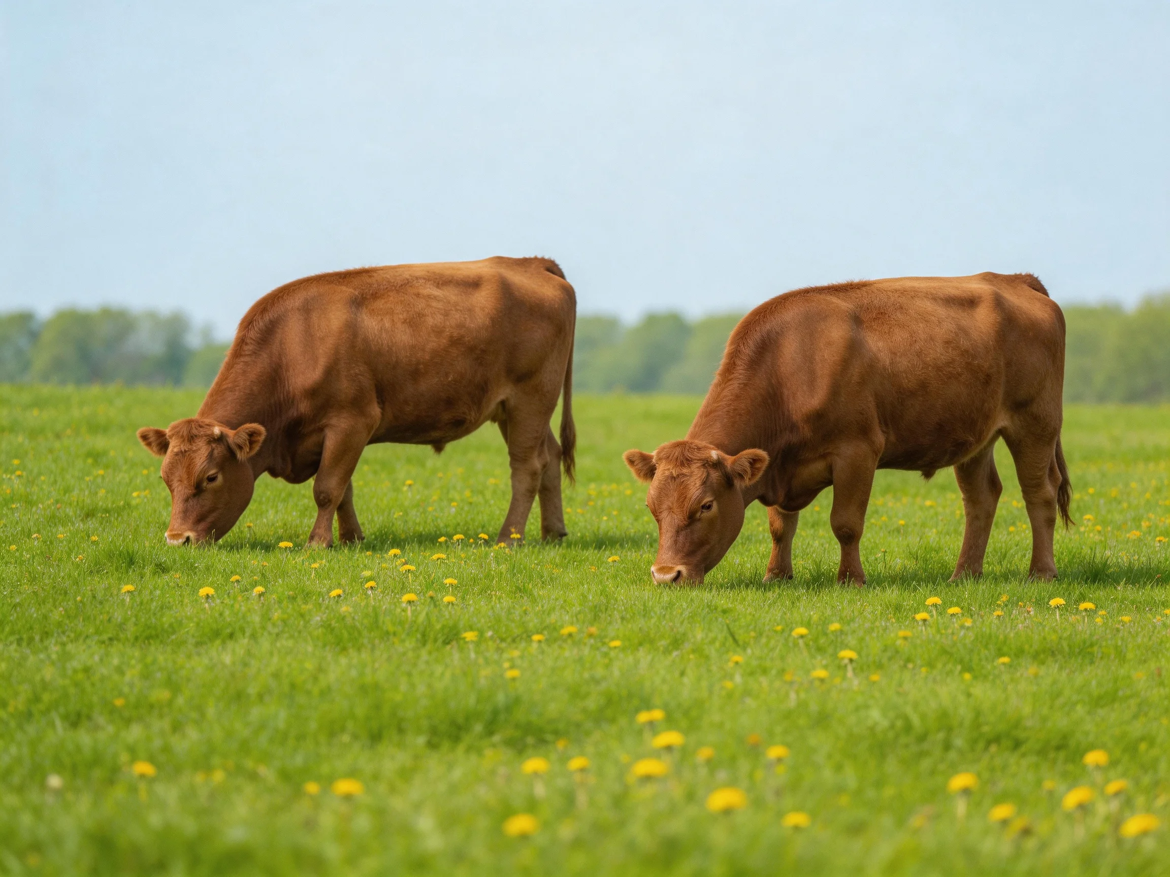 Two brown cows graze in a vibrant green pasture with scattered yellow flowers.