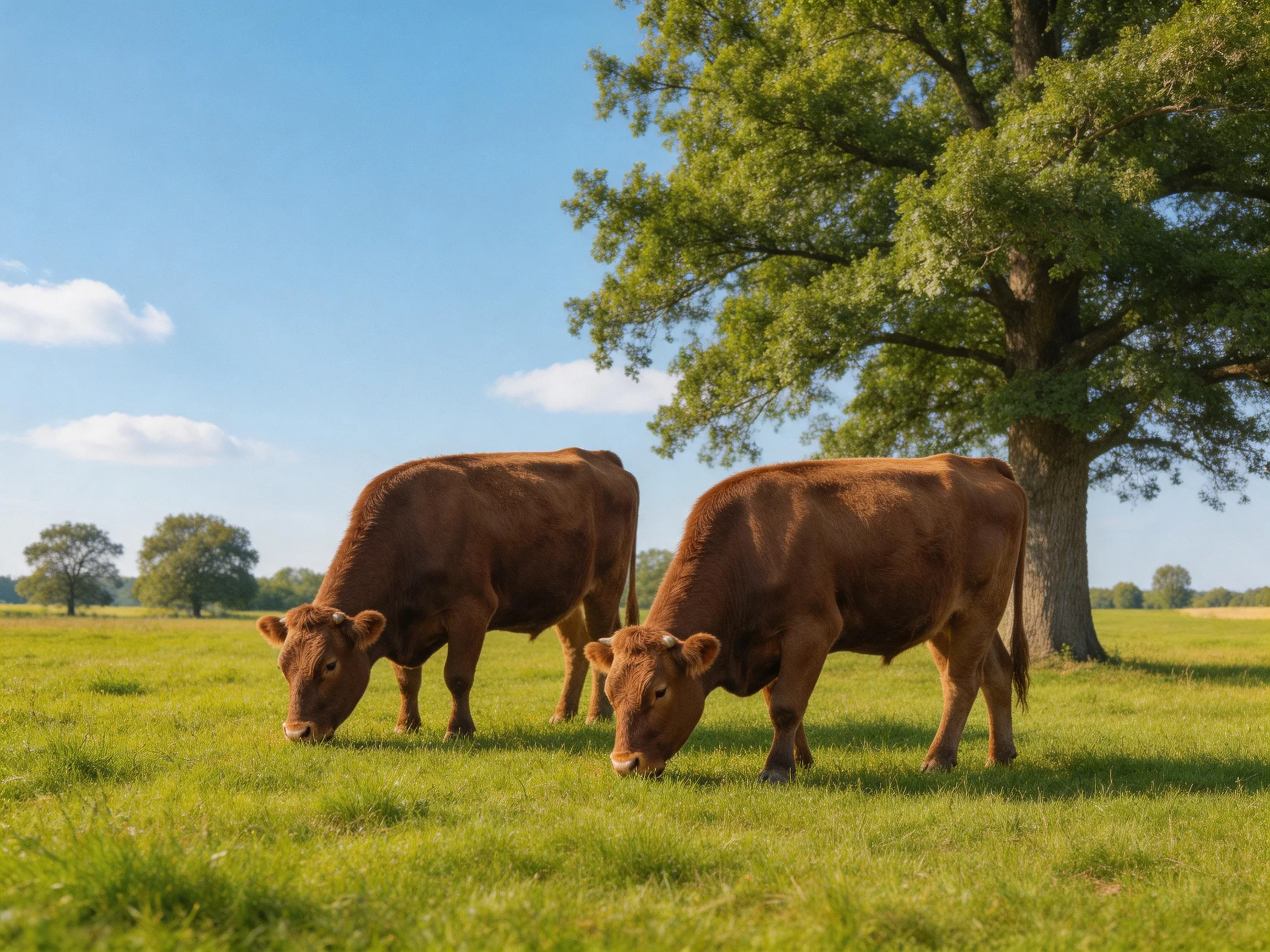 Two brown cows graze in a lush green pasture near a large tree