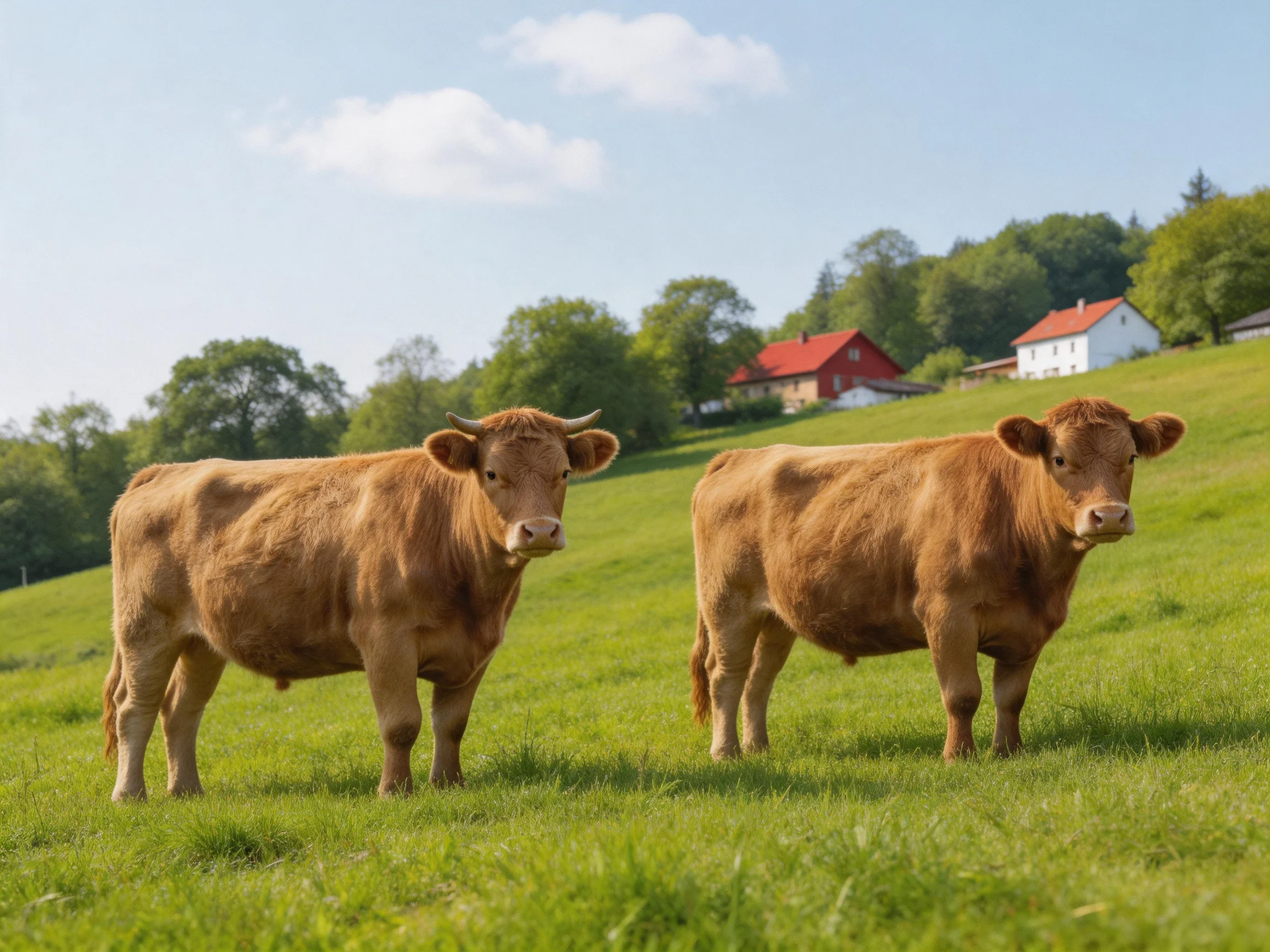 Two brown cows stand in a sunny green pasture with farm buildings in the distance.