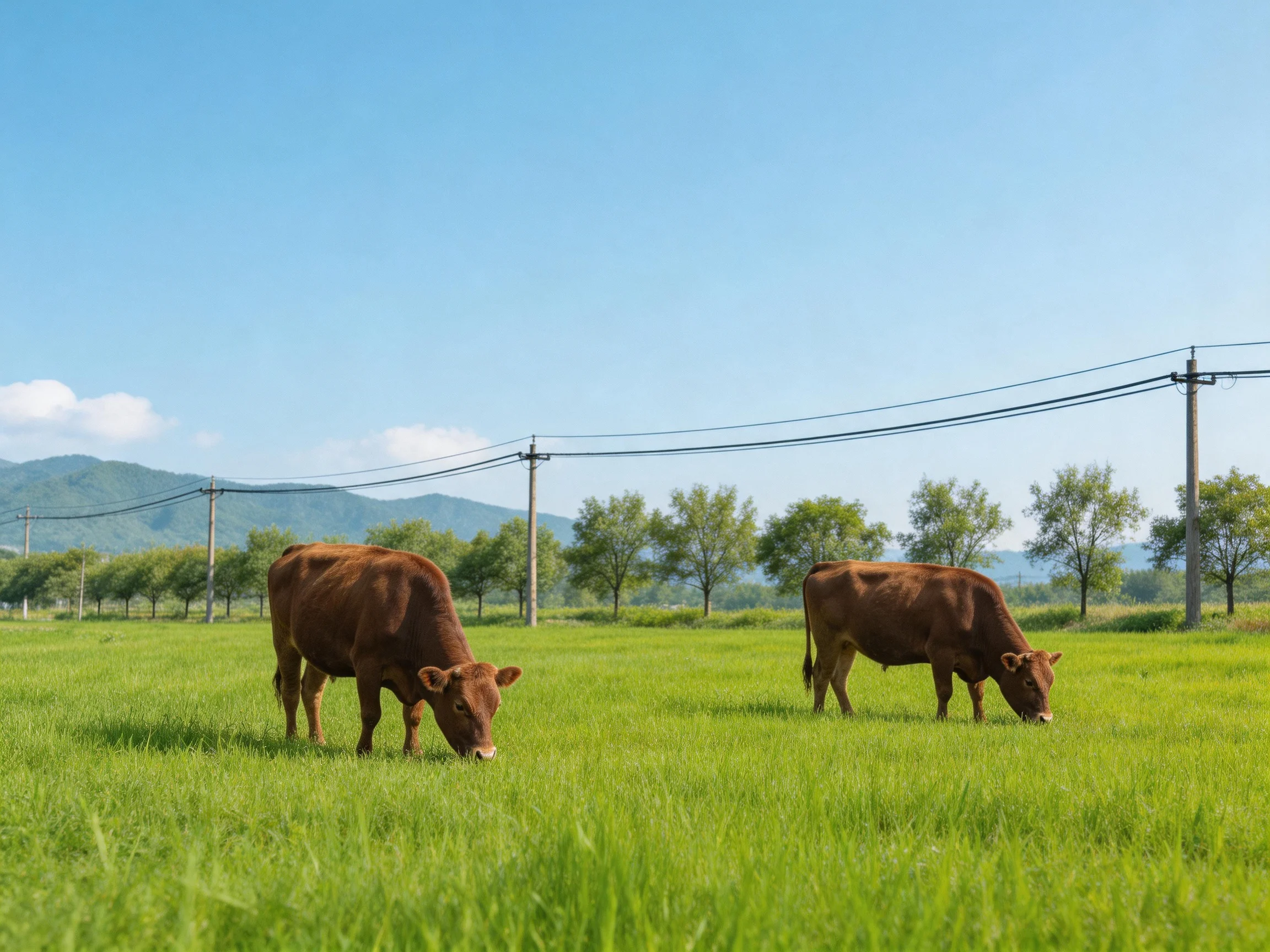 Two brown cows graze in a lush green pasture near utility poles