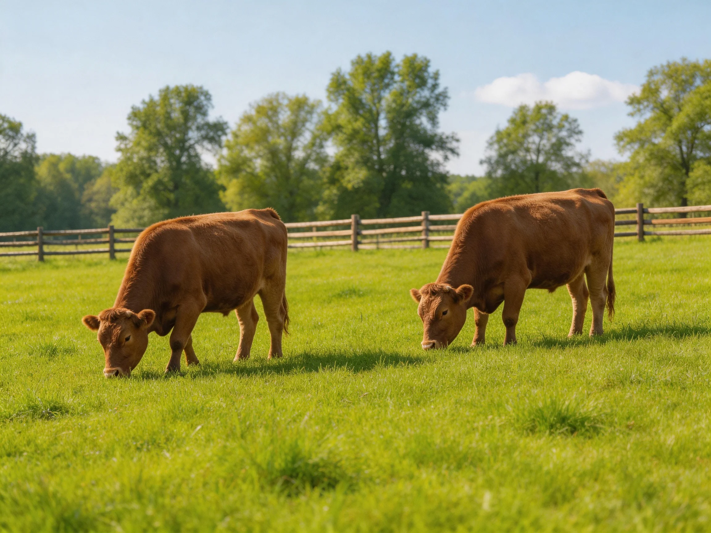 Two brown cows graze in a sunlit green pasture near a wooden fence