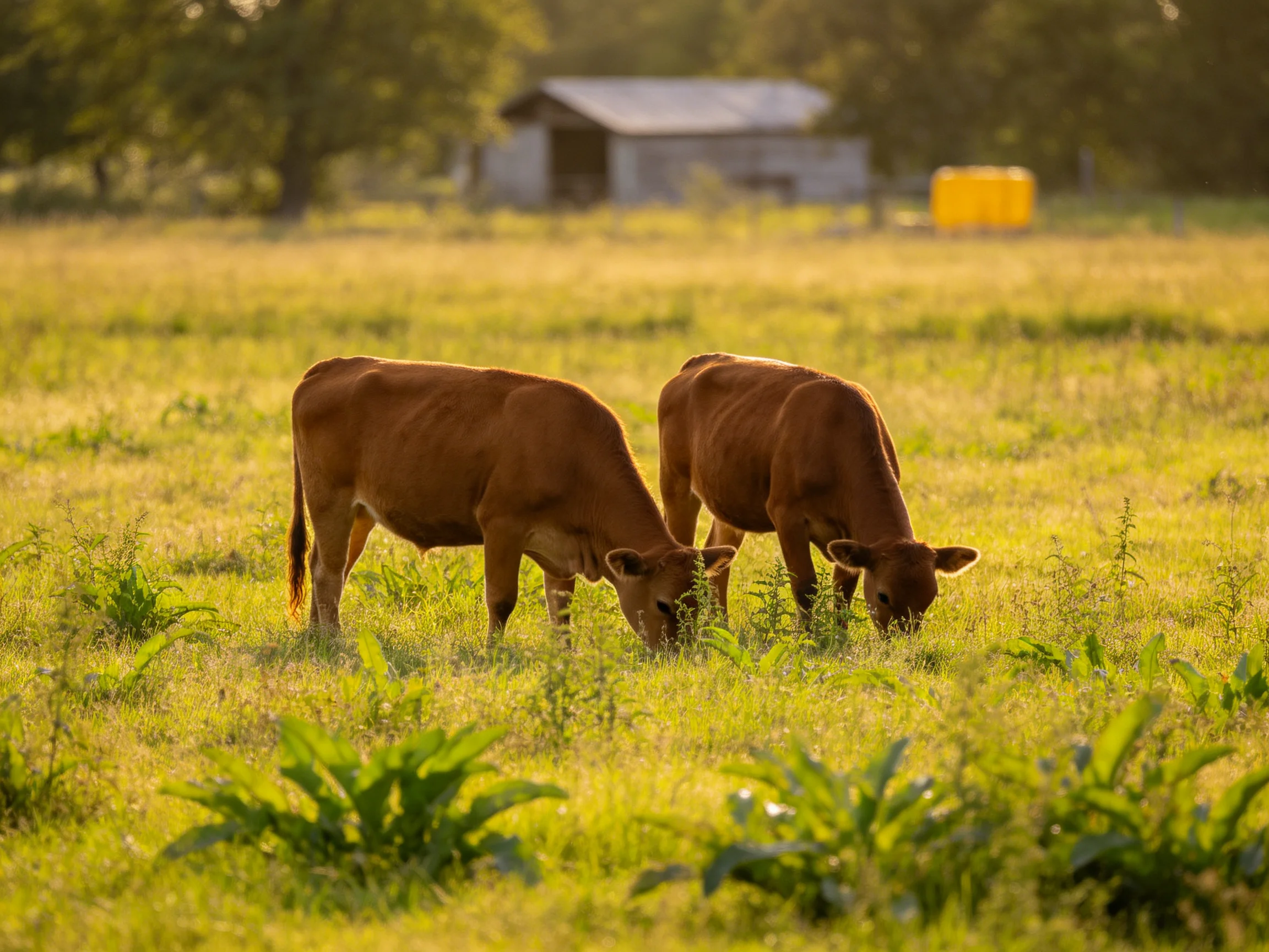 Two brown cows graze in a sunlit green pasture near a barn