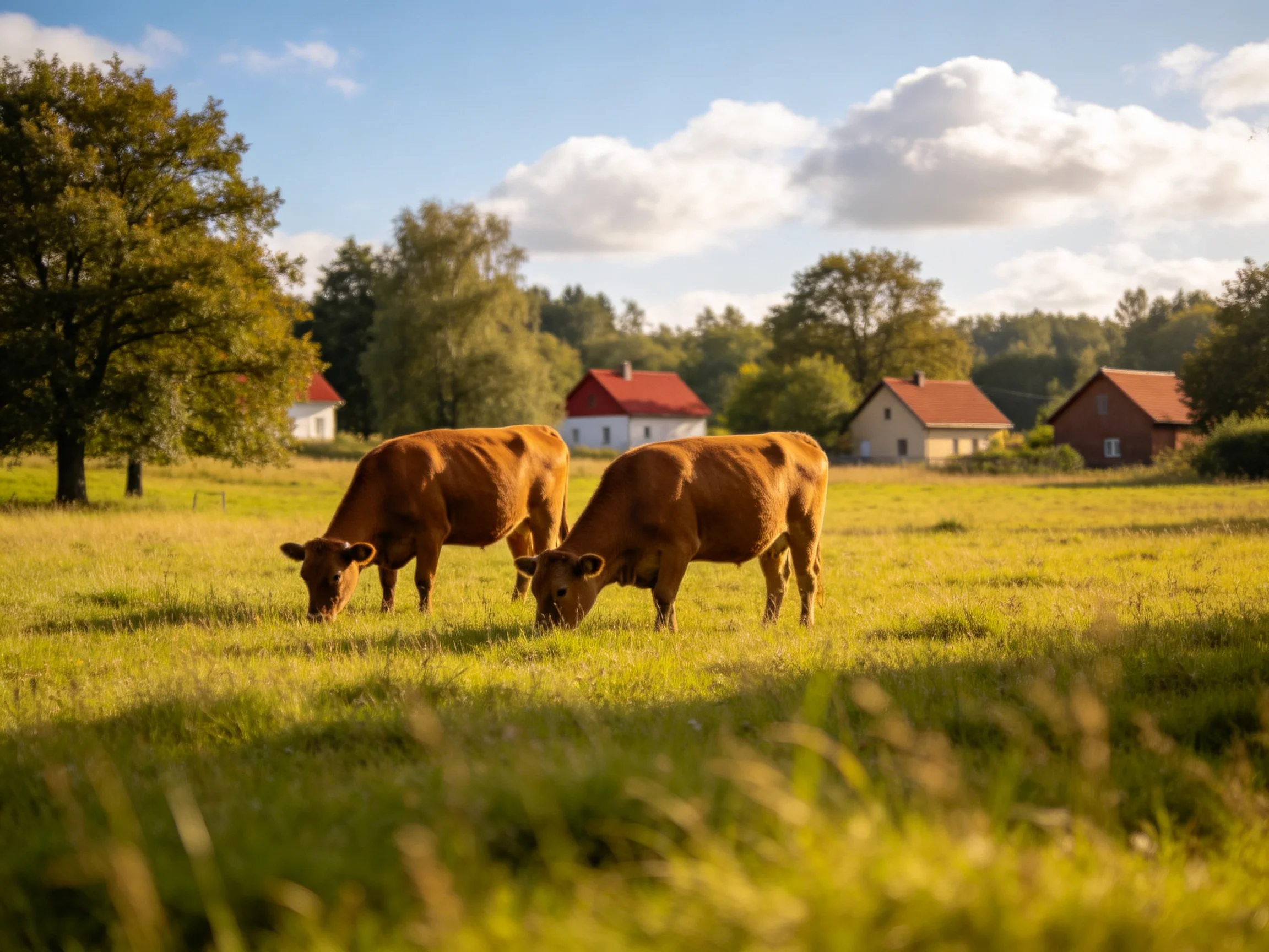 Two brown cows graze in a sunlit pasture near rural homes.