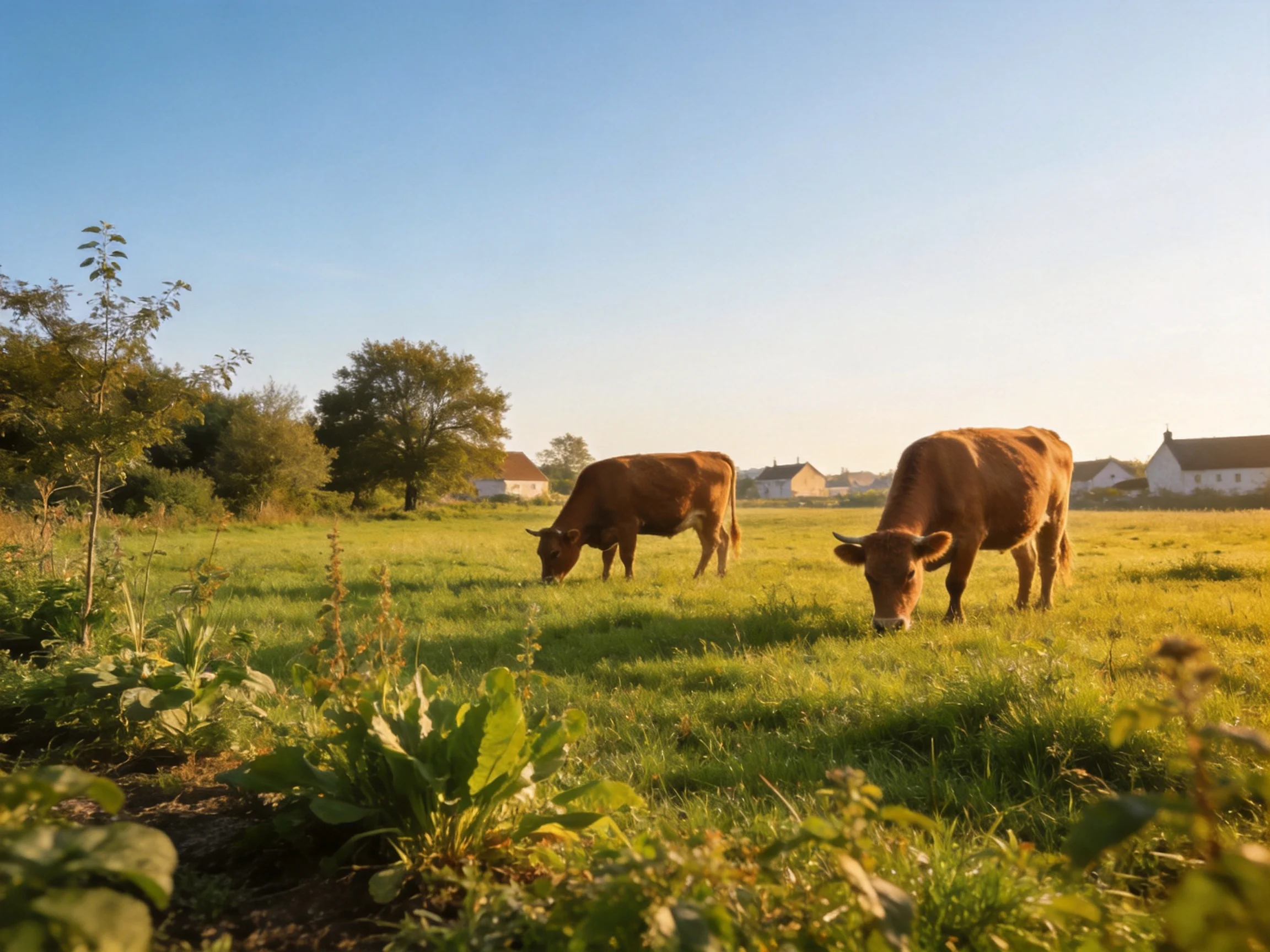 Two brown cows graze in a sunlit green pasture near white houses