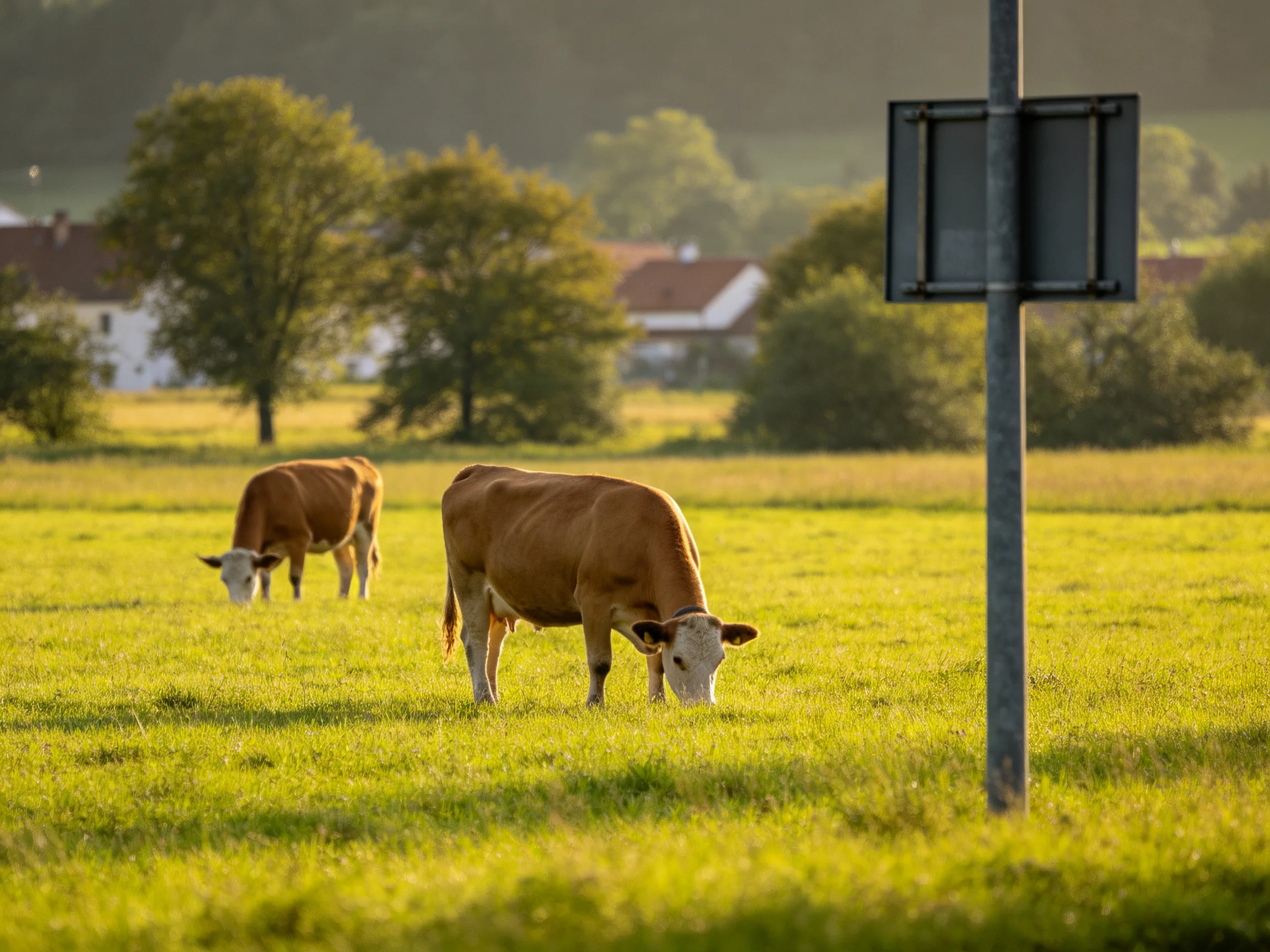 Two brown cows graze in a sunlit green pasture near white houses