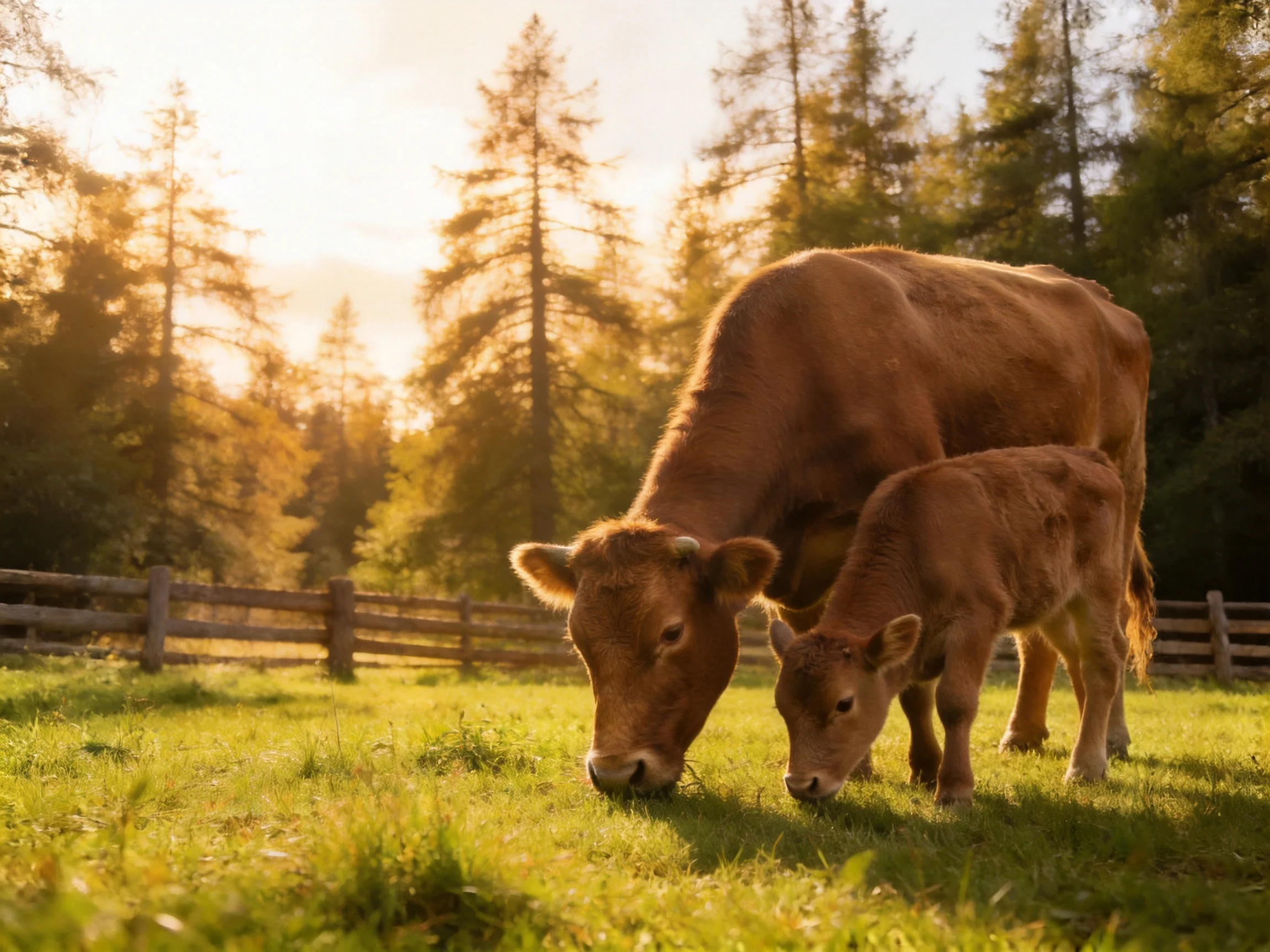Two brown cows graze in a sunlit green pasture near wooden fences
