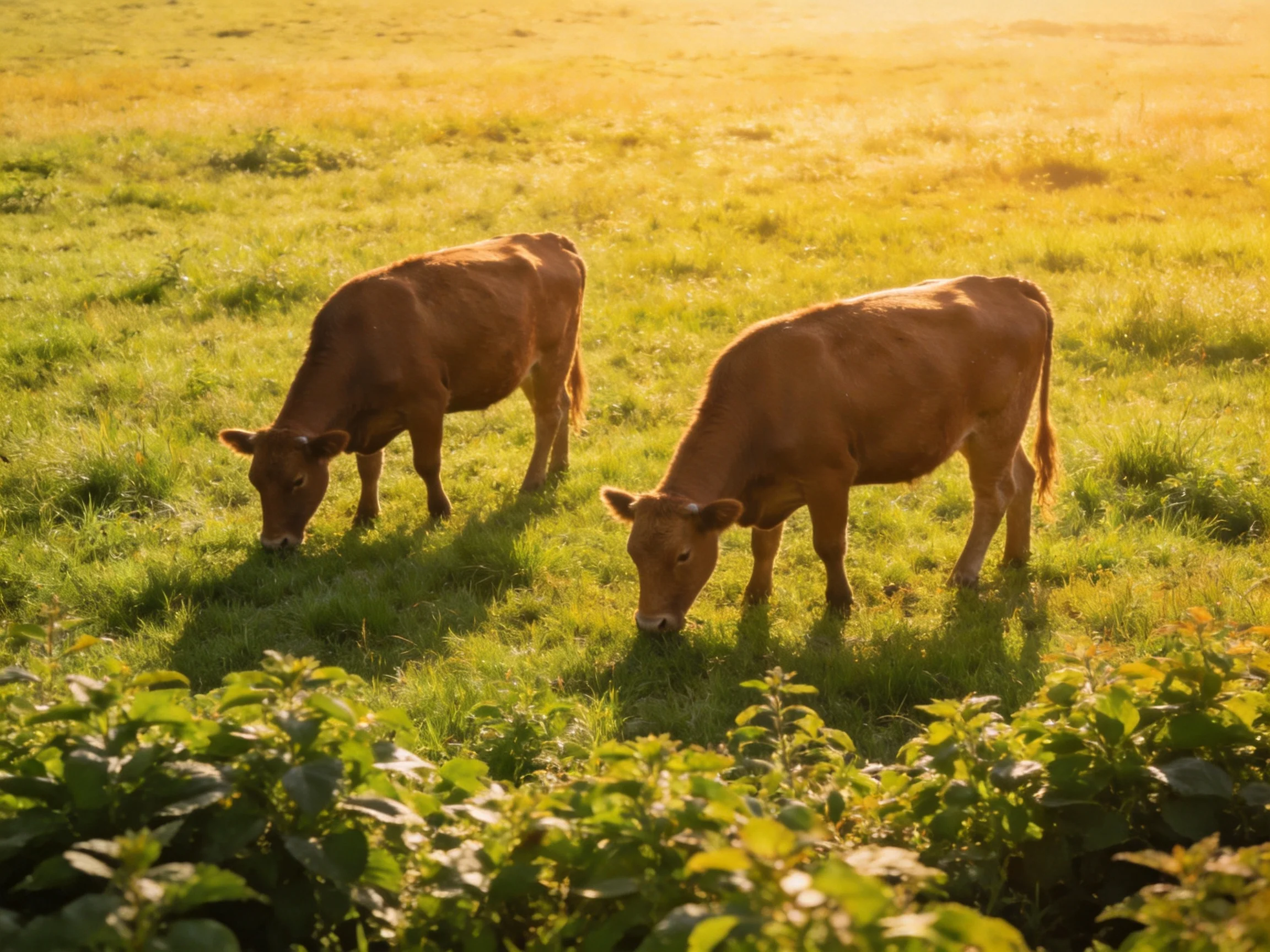 Two brown cows graze in a sunlit green pasture under golden light