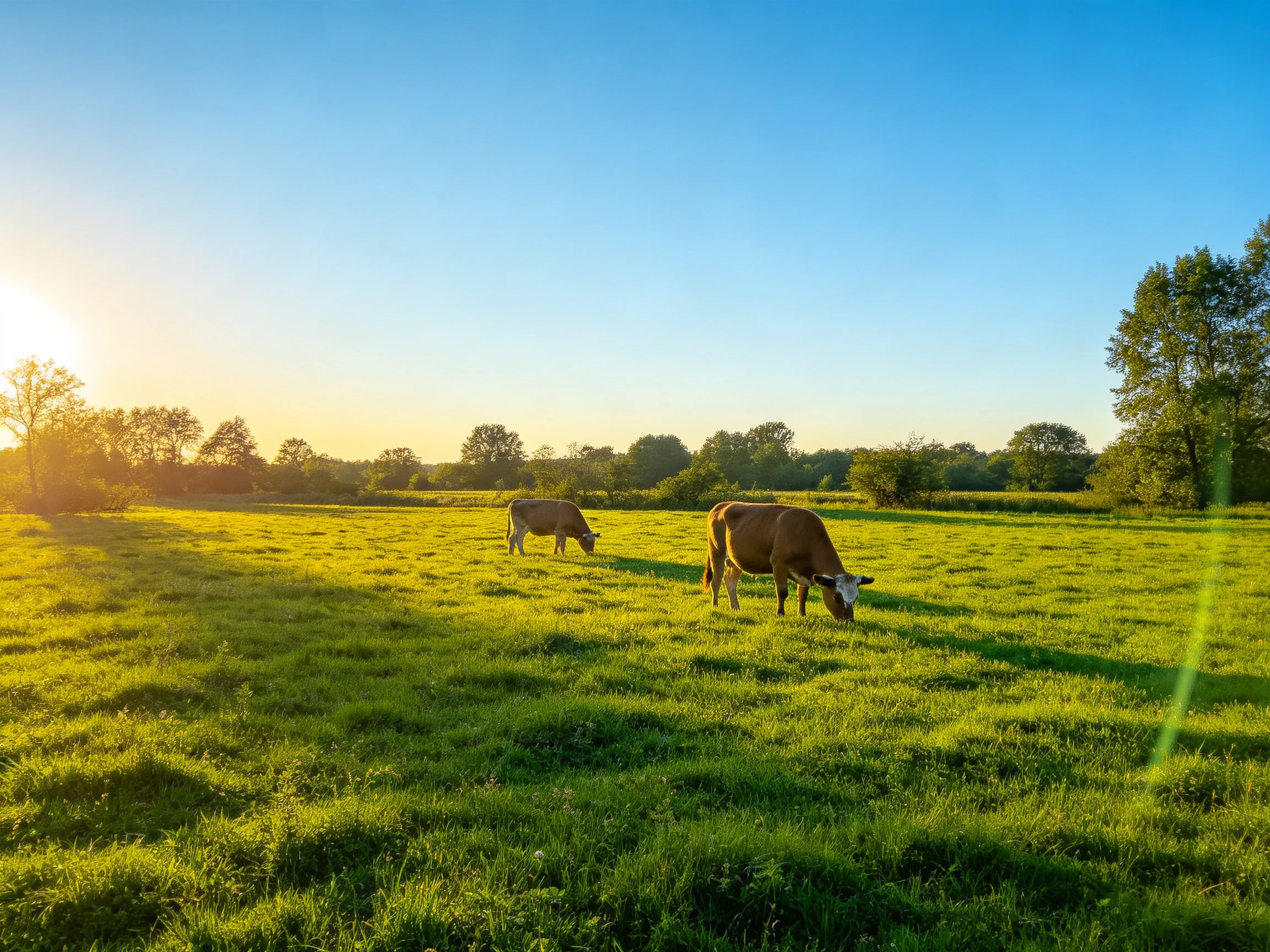 Two cows graze in a sunlit green pasture.