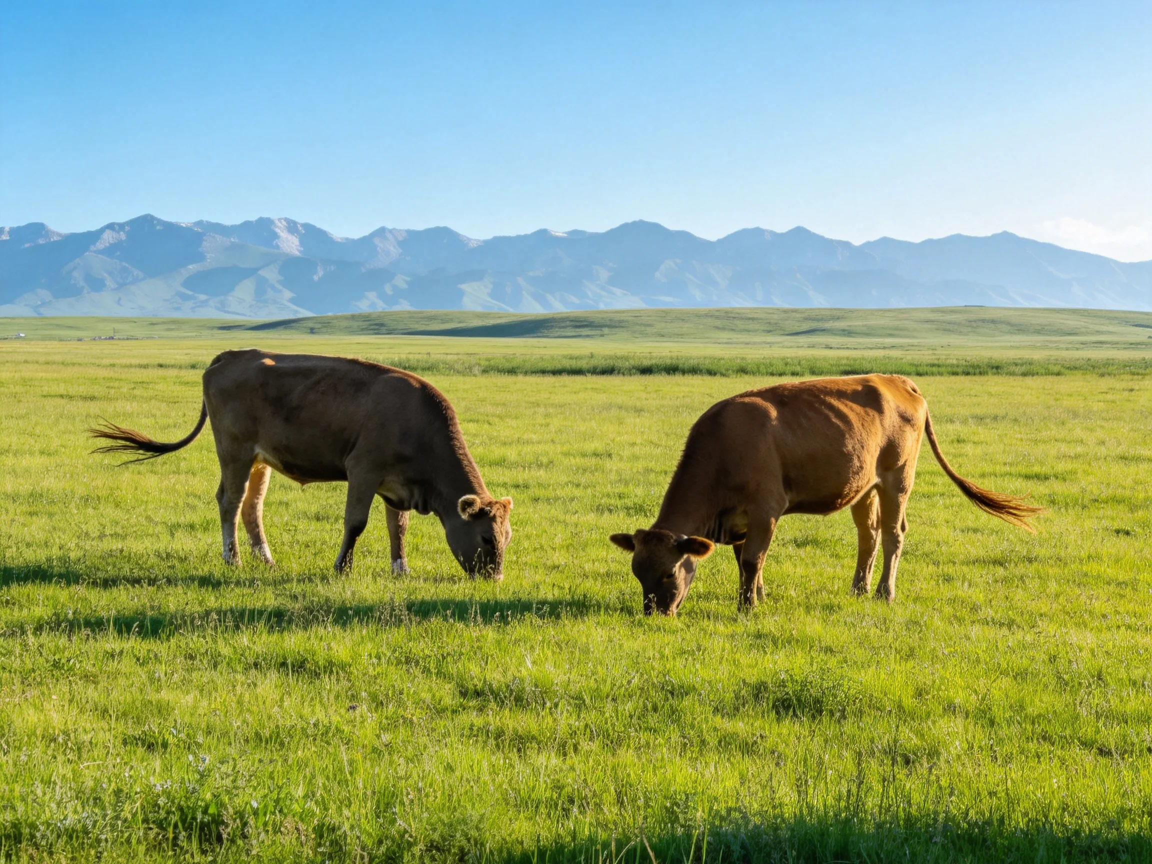 Two brown cows graze in a vast green meadow with distant mountains