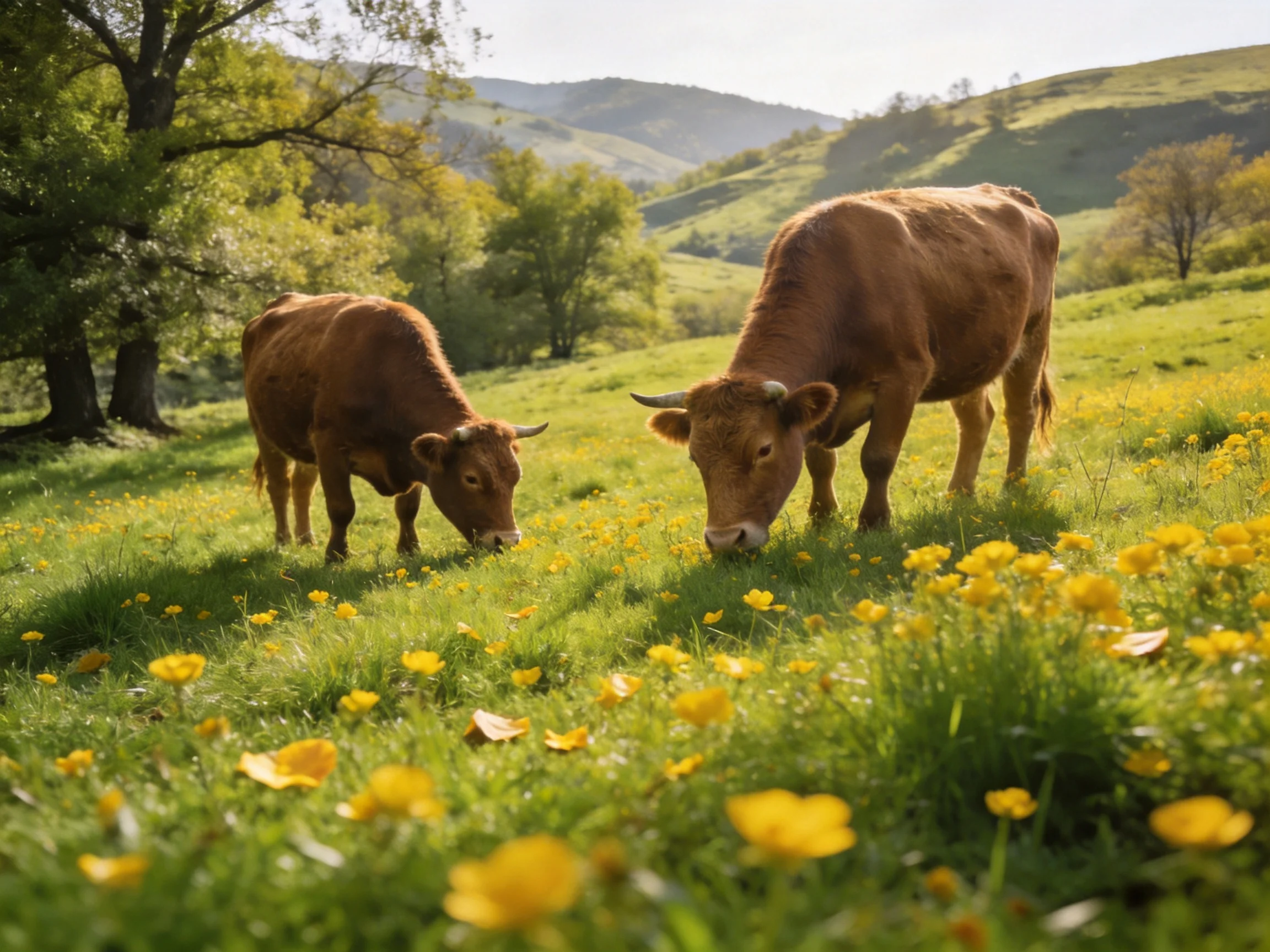 Two brown cows graze in a vibrant green meadow with yellow wildflowers
