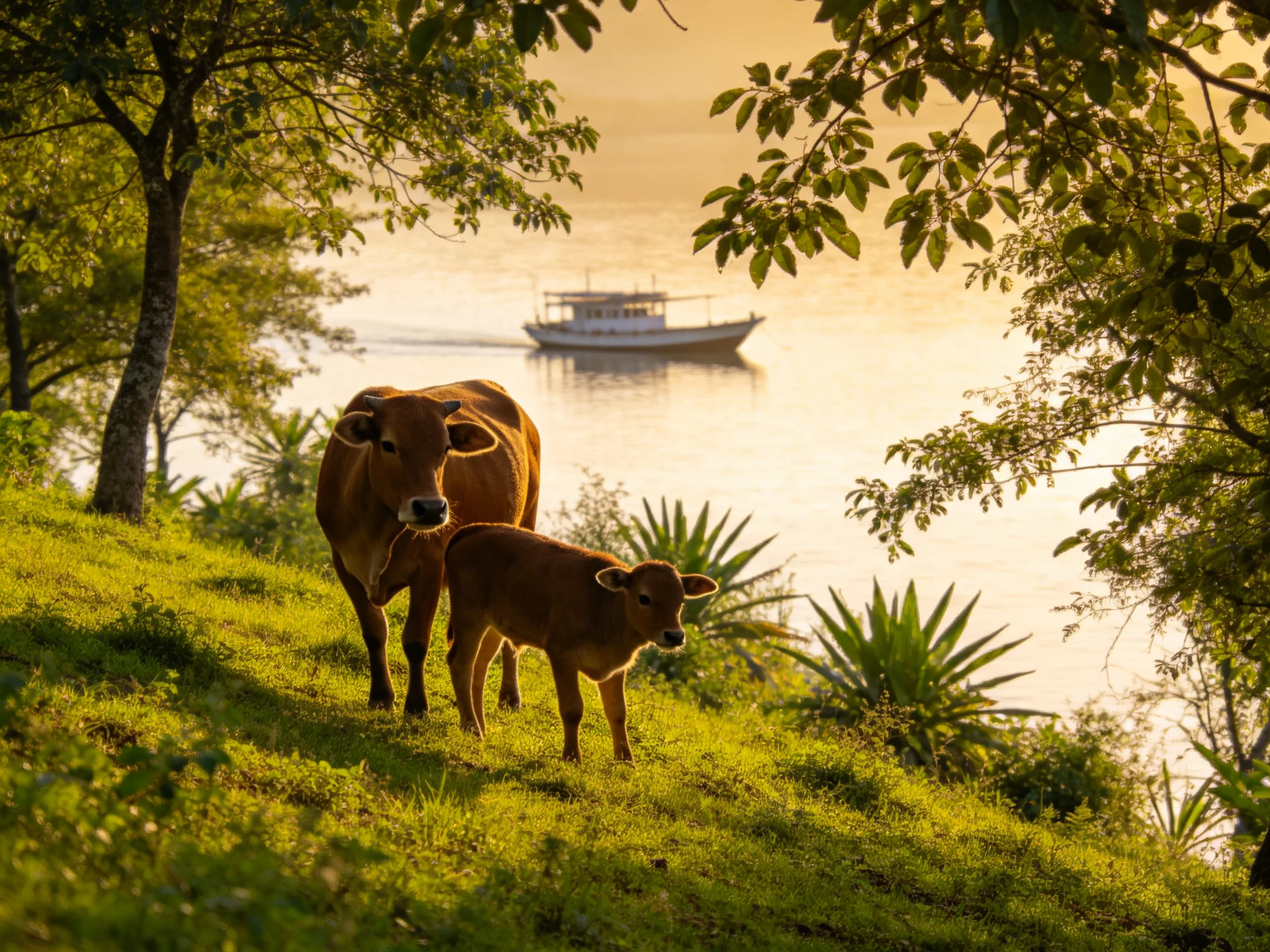 Two brown cows stand on a grassy slope near a calm river with a boat in the background.